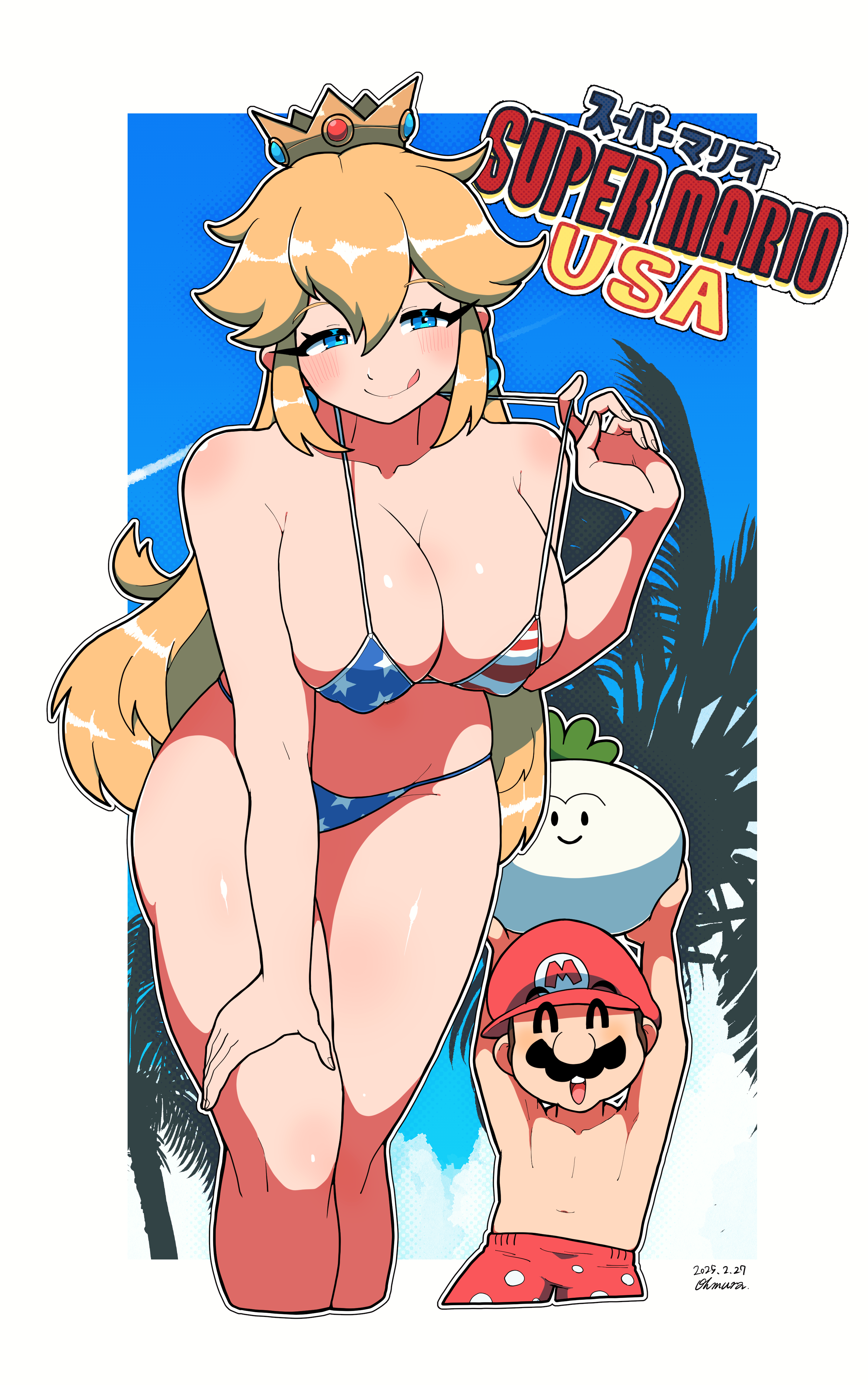omura zojiki, mario, princess peach, mario (series), nintendo, super mario bros. 2, absurdres, commentary request, highres, translation request, 1boy, 1girl, :q, american flag, american flag bikini, american flag print, armpit crease, bare shoulders, bikini, blonde hair, blue eyes, blue sky, blush, border, breasts, closed eyes, collarbone, covered erect nipples, crown, dated, facial hair, flag print, flag print bikini, hair between eyes, hat, large breasts, leaning forward, long hair, looking at viewer, mustache, outline, outside border, palm tree, print bikini, red hat, signature, sky, standing, swimsuit, tongue, tongue out, tree, turnip (mario), white border, white outline