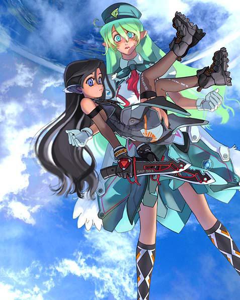mave-chan, super sylph, sentou yousei shoujo tasukete mave-chan, 00s, 2girls, animal ears, boots, cloud, day, knife, multiple girls, pointy ears, sky, thighhighs