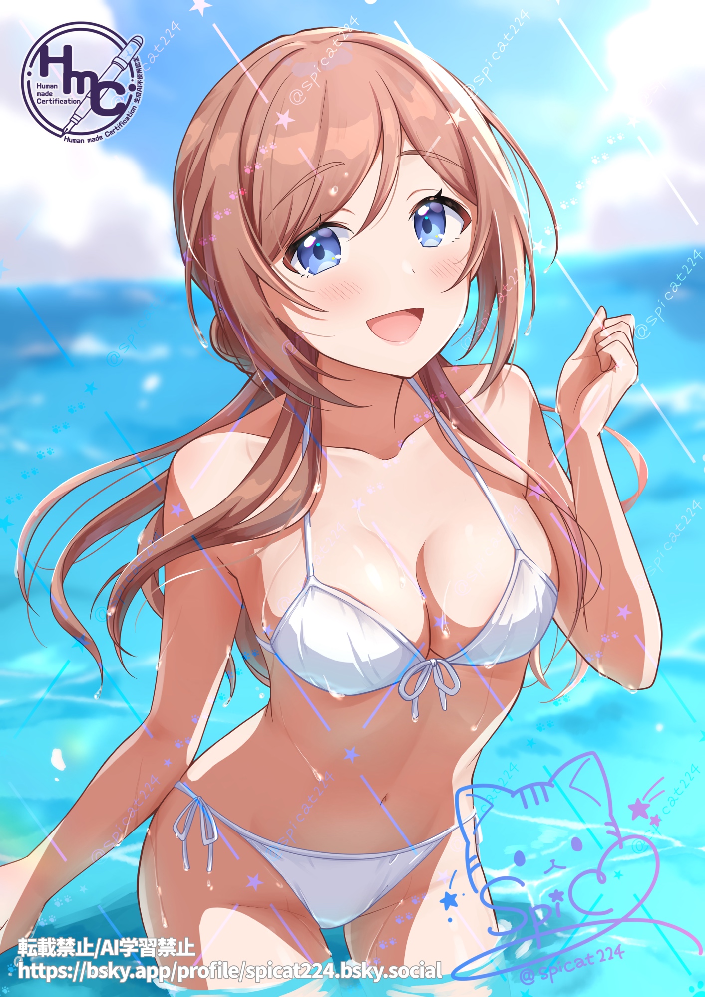 spicapix, himesaki rinami, gakuen idolmaster, idolmaster, highres, 1girl, artist logo, bikini, blue eyes, bluesky username, breasts, brown hair, cleavage, cowboy shot, front-tie bikini top, front-tie top, large breasts, logo, long hair, looking at viewer, side-tie bikini bottom, signature, smile, solo, swimsuit, water, waving, white bikini