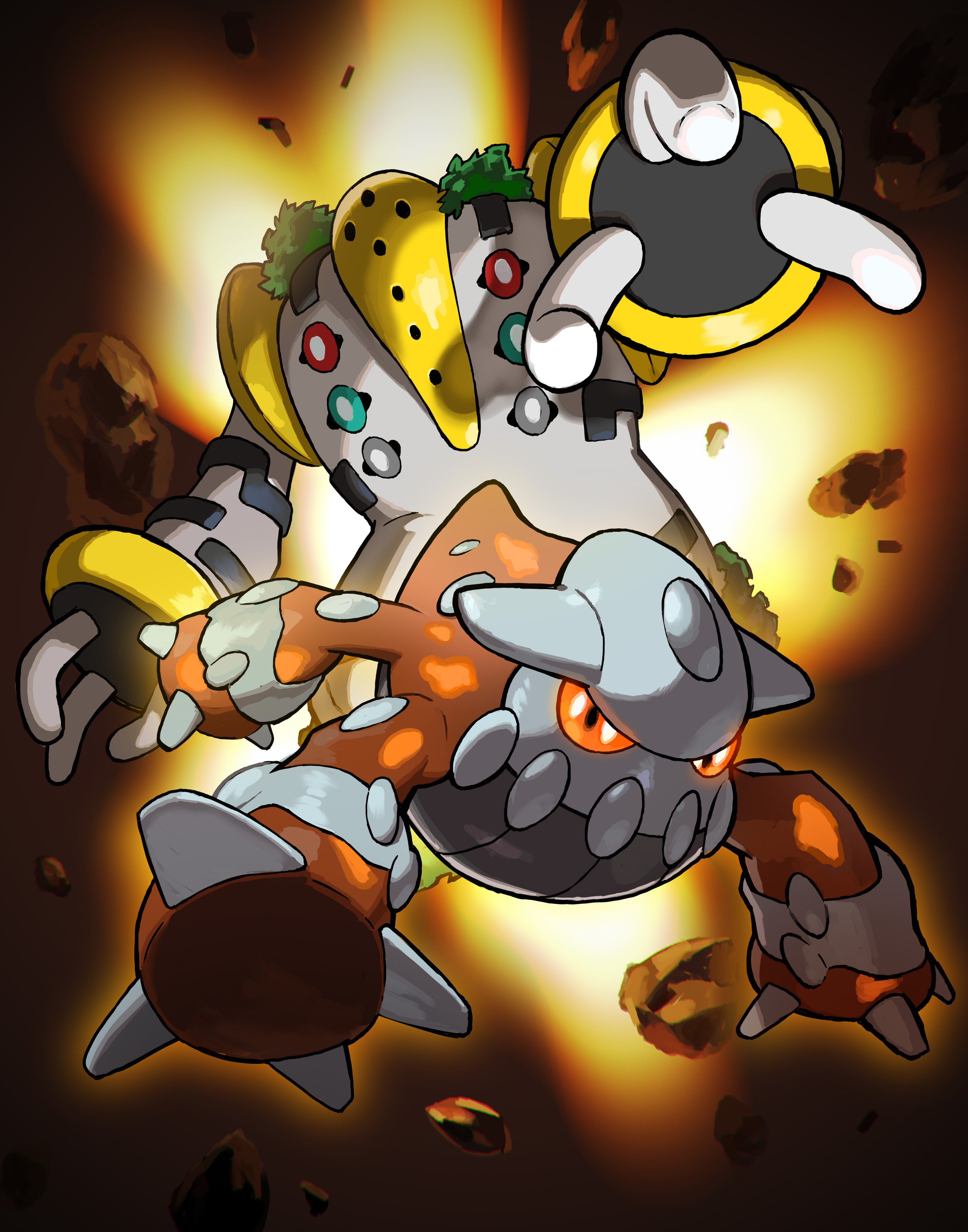 tokiya, heatran, regigigas, nintendo, pokemon, absurdres, highres, official art, third-party source, closed mouth, debris, gen 4 pokemon, glowing, glowing eyes, legendary pokemon, no humans, orange eyes, outstretched arm, pokemon (creature), pokemon focus, reaching, reaching towards viewer