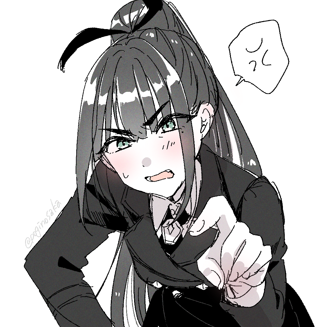 pogii, amaya tsubame, gakuen idolmaster, idolmaster, commentary request, 1girl, :o, anger vein, black coat, black hair, blush, coat, high ponytail, leaning forward, long hair, long sleeves, looking at viewer, mole, mole under eye, pointing, pointing at viewer, ponytail, sidelocks, simple background, solo, spoken anger vein, sweatdrop, twitter username, very long hair, white background