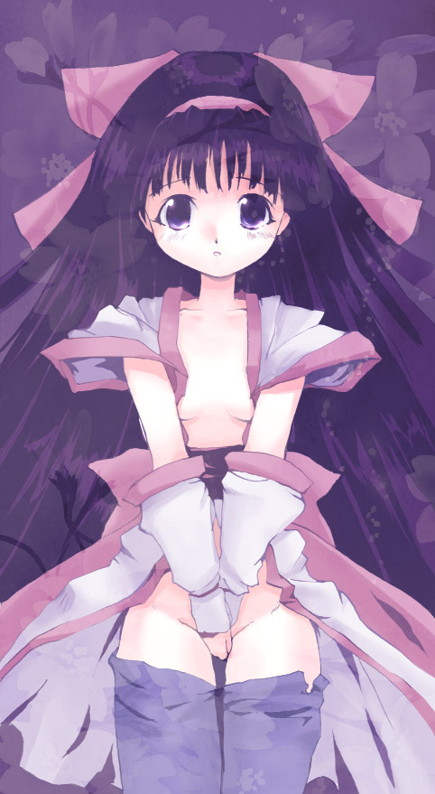 csy, nakoruru, samurai spirits, 1girl, covering crotch, covering privates, female focus, japanese clothes, open clothes, solo