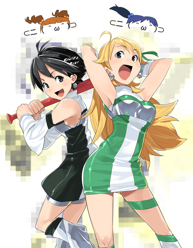 shue, amami haruka, hoshii miki, kikuchi makoto, kisaragi chihaya, takatsuki yayoi, idolmaster, idolmaster (classic), idolmaster 1, 00s, 2girls, ahoge, airplane arms, antenna hair, armpits, arms behind head, arms up, ascii art, baseball bat, blonde hair, censored, detached sleeves, dress, earrings, fake censor, jewelry, miniskirt, multiple girls, open mouth, outstretched arms, short dress, skirt, spread arms
