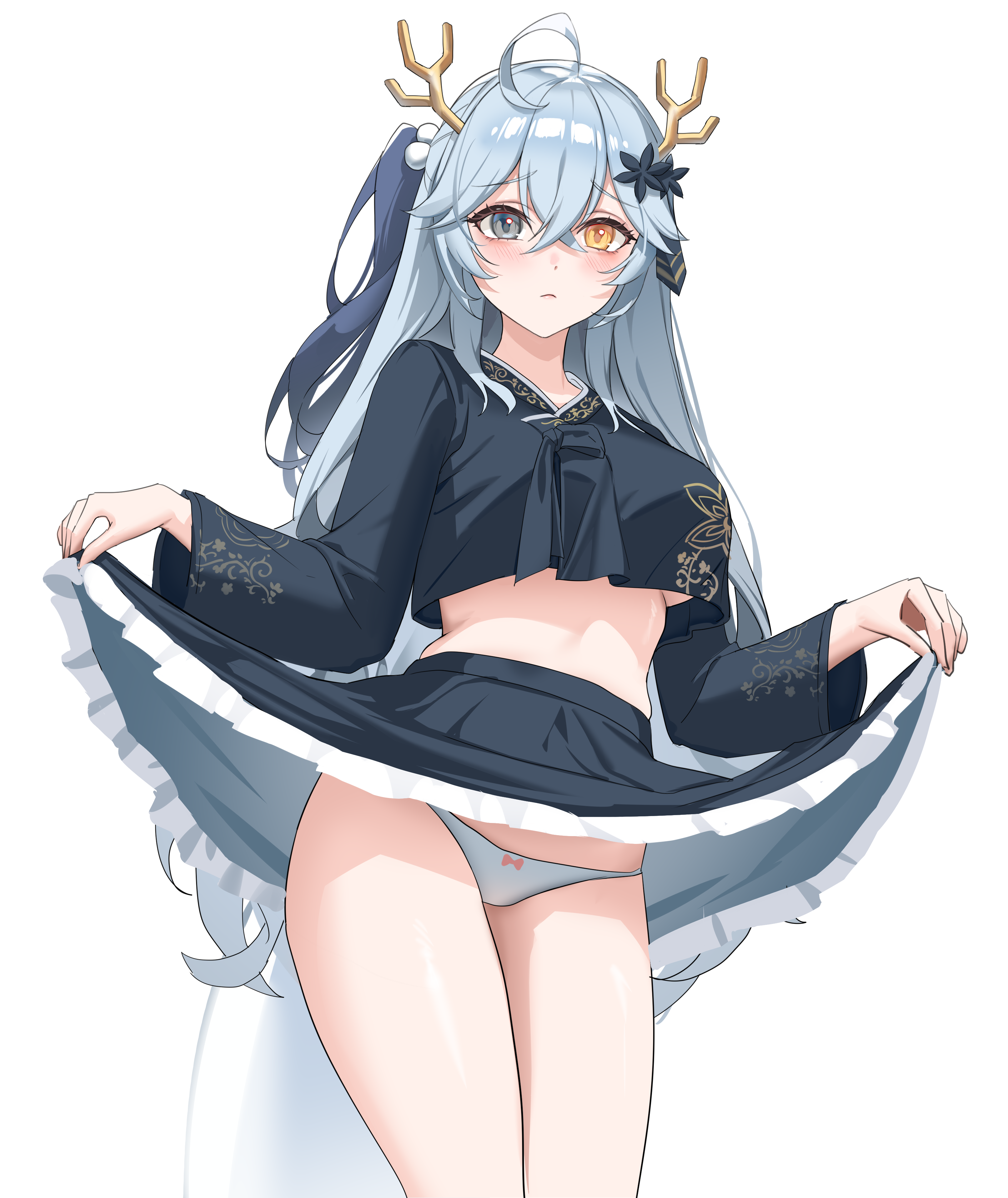 original, absurdres, commission, highres, 1girl, ahoge, black shirt, black skirt, breasts, closed mouth, clothes lift, cowboy shot, crop top, crop top overhang, frown, grey eyes, hair between eyes, hair branch, heterochromia, jeogori (clothes), korean clothes, large breasts, lifting own clothes, long hair, long sleeves, looking at viewer, midriff, miniskirt, panties, shirt, simple background, sisi222, skirt, skirt lift, solo, thighs, underboob, underwear, very long hair, white background, white panties, yellow eyes