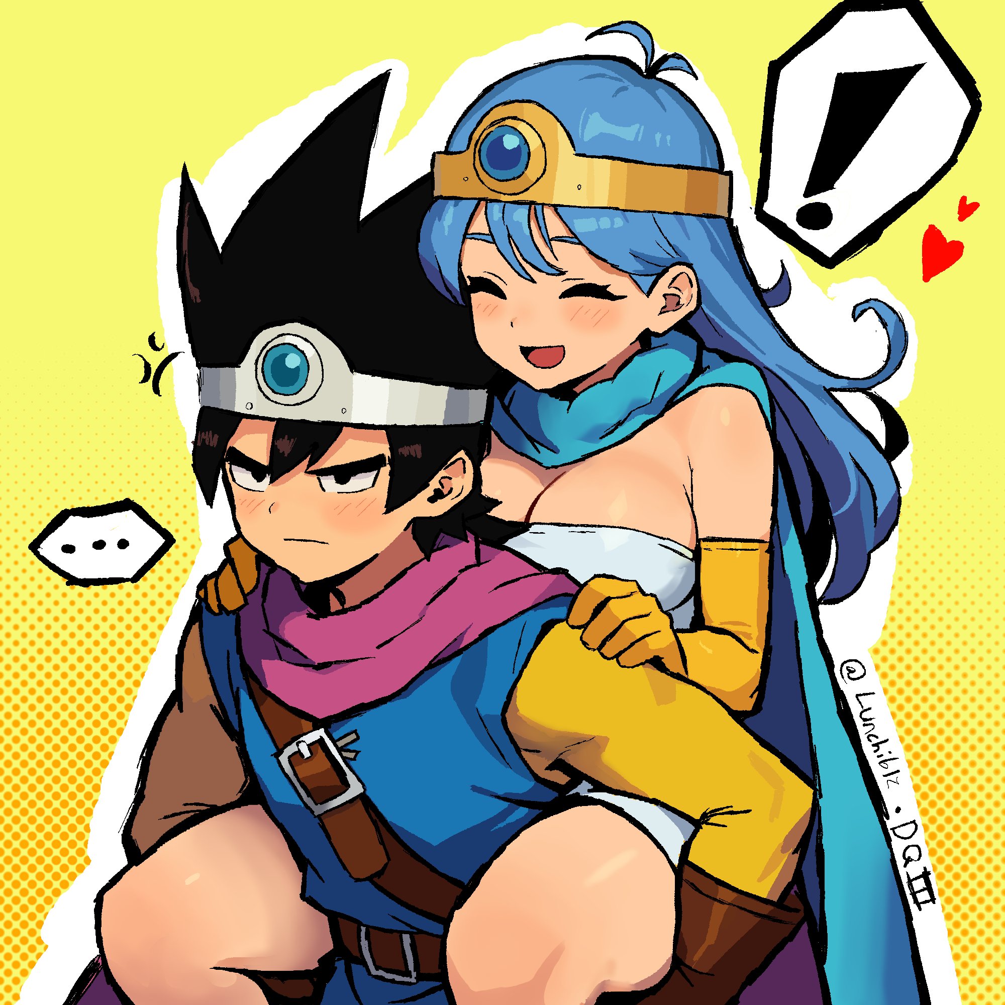 lunchiblz, hero (dq3), roto (dq3), sage (dq3), dragon quest, dragon quest iii, commentary, english commentary, highres, !, …, 1boy, 1girl, anger vein, aqua cape, aqua gemstone, belt, black eyes, black hair, blue hair, blue tunic, breasts, brown belt, brown gloves, cape, carrying, carrying person, circlet, cleavage, dress, elbow gloves, gem, gloves, gold circlet, heart, large breasts, long hair, open mouth, piggyback, short hair, silver circlet, smile, spiked hair, strapless, strapless dress, tunic, white dress, yellow background, yellow gloves, yellow sleeves