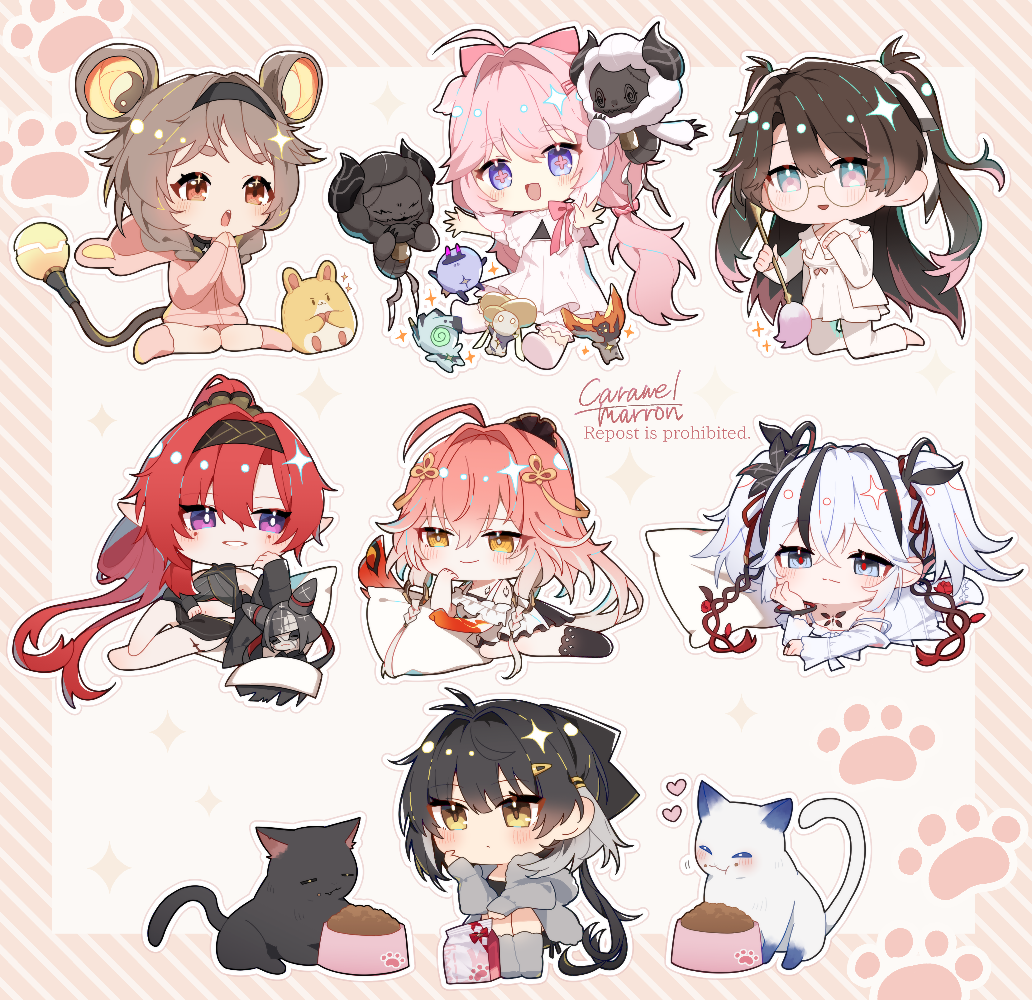 caramelmarron, camellya (wuthering waves), changli (wuthering waves), cloudy (wuthering waves), cosmos (wuthering waves), encore (wuthering waves), female rover (wuthering waves), lumi (wuthering waves), rover (wuthering waves), yinlin (wuthering waves), zhezhi (wuthering waves), wuthering waves, absurdres, highres, 6+girls, adapted costume, ahoge, alternate costume, aqua eyes, bare shoulders, black cat, black flower, black hair, black hairband, black jacket, black shirt, black shorts, black thighhighs, blake bloom (wuthering waves), blue eyes, blush, body markings, bow, bowl, braid, brown eyes, brown hair, cat, chibi, chibi only, circle facial mark, closed mouth, colored extremities, colored inner hair, colored tips, crop top, dress, feather hair, flower, flower-shaped pupils, glasses, grey eyes, grey hair, grey jacket, grey socks, hair between eyes, hair bow, hair flower, hair intakes, hair ornament, hair rings, hair vines, hairband, hairclip, hand up, hands up, head rest, high ponytail, holding, holding paintbrush, hood, hood down, hooded jacket, jacket, kneeling, leggings, long hair, looking ahead, looking at viewer, mark under both eyes, mechanical tail, midriff, missing commentary, multicolored eyes, multicolored hair, multiple girls, navel, no humans, off shoulder, open clothes, open jacket, open mouth, orange eyes, paintbrush, pantyhose, parallel hairclips, parted lips, pet bowl, pet food, pillow, pink bow, pink eyes, pink hair, pink jacket, pink pupils, pointy ears, ponytail, purple eyes, red hair, red hands, red pupils, round eyewear, shirt, short hair, short twintails, shorts, sidelocks, signature, simple background, smile, socks, squatting, strap slip, stuffed toy, symbol-shaped pupils, tacet discord (wuthering waves), tacet mark (wuthering waves), tail, thick eyebrows, thighhighs, twin braids, twintails, two-tone eyes, two-tone hair, very long hair, white background, white cat, white dress, white hair, white leggings, white pantyhose, white socks, yellow eyes, zapstring (wuthering waves)