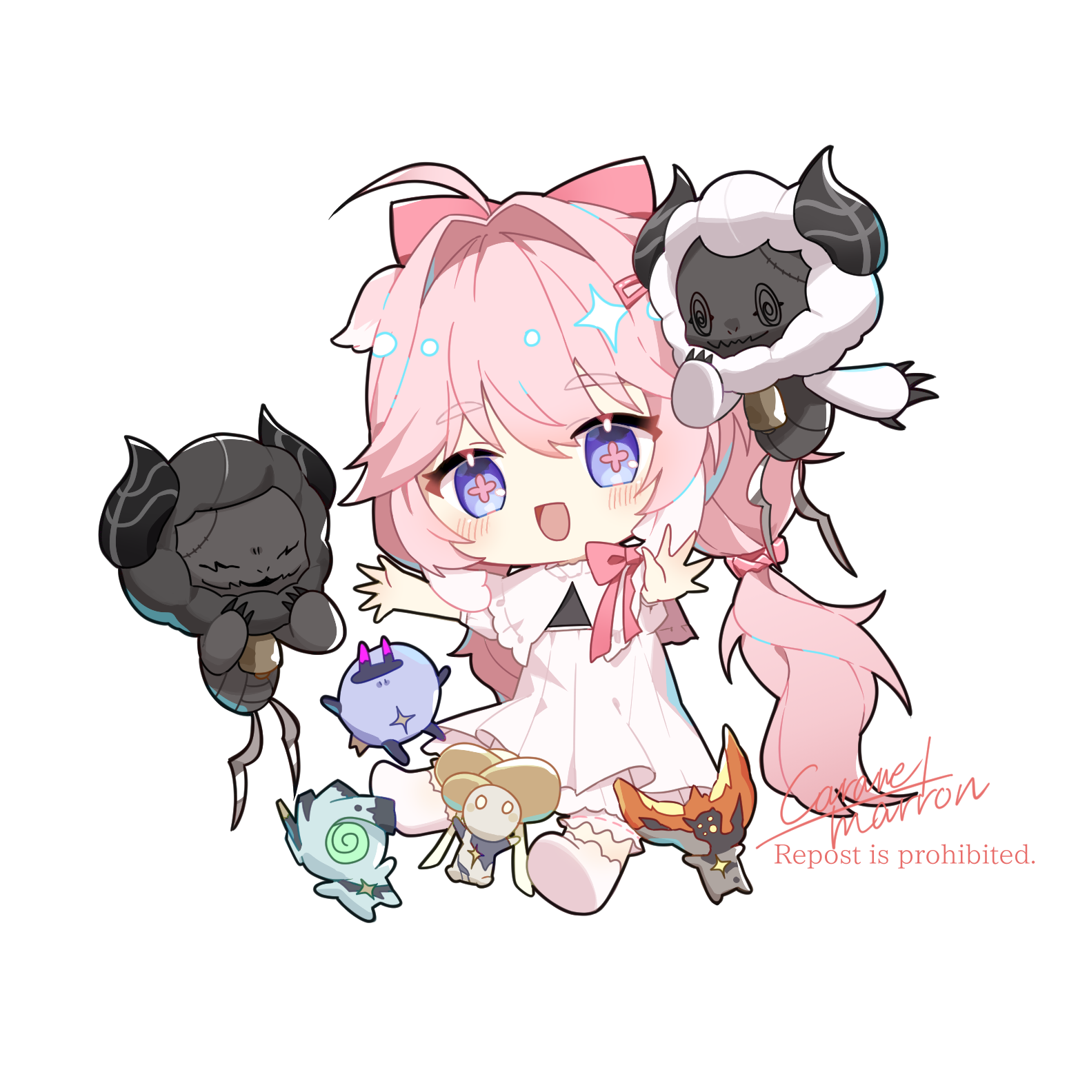 caramelmarron, cloudy (wuthering waves), cosmos (wuthering waves), encore (wuthering waves), wuthering waves, highres, 1girl, ahoge, alternate costume, blue eyes, bow, chibi, chibi only, dress, flower-shaped pupils, hair bow, long hair, looking at viewer, missing commentary, open mouth, pink bow, pink hair, pink pupils, signature, simple background, smile, socks, solo, symbol-shaped pupils, tacet discord (wuthering waves), white background, white dress, white socks