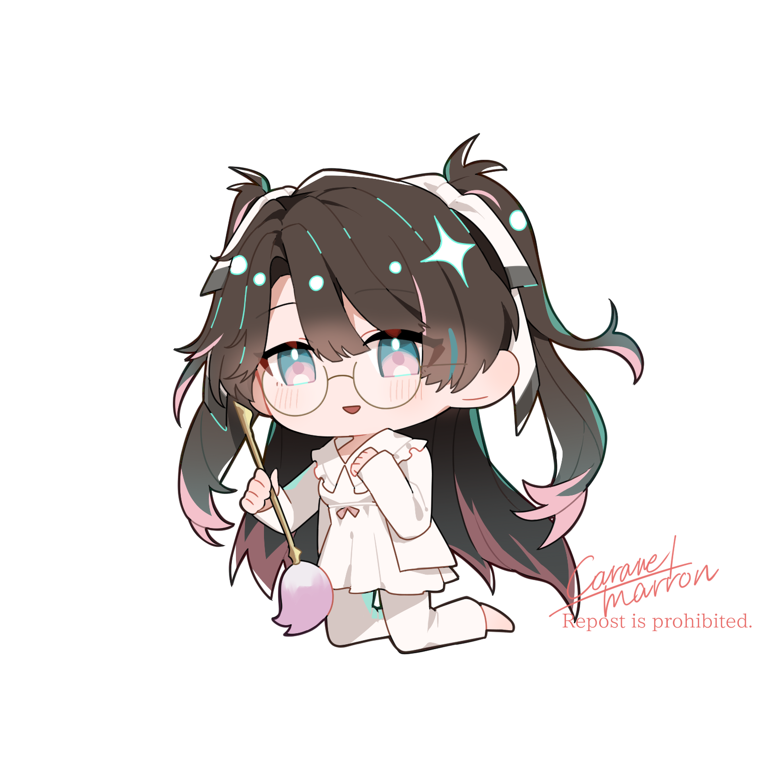 caramelmarron, zhezhi (wuthering waves), wuthering waves, highres, 1girl, aqua eyes, brown hair, chibi, chibi only, colored tips, dress, glasses, holding, holding paintbrush, kneeling, leggings, long hair, looking at viewer, missing commentary, multicolored eyes, multicolored hair, paintbrush, parted lips, pink eyes, round eyewear, signature, simple background, smile, solo, two-tone eyes, white background, white dress, white leggings