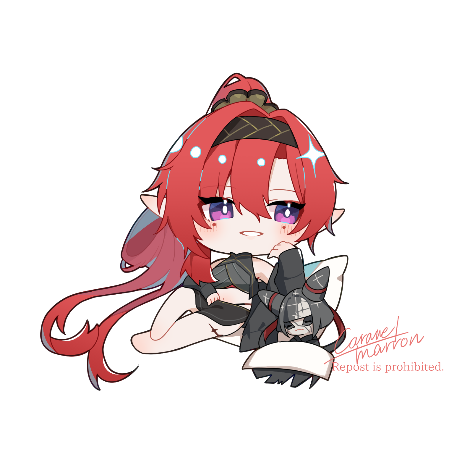 caramelmarron, yinlin (wuthering waves), wuthering waves, highres, 1girl, adapted costume, bare shoulders, black hairband, black jacket, black shirt, black shorts, chibi, chibi only, circle facial mark, crop top, hairband, hand up, high ponytail, jacket, long hair, looking to the side, mark under both eyes, midriff, missing commentary, navel, off shoulder, open clothes, open jacket, pillow, pointy ears, ponytail, purple eyes, red hair, shirt, shorts, sidelocks, signature, simple background, solo, very long hair, white background, zapstring (wuthering waves)