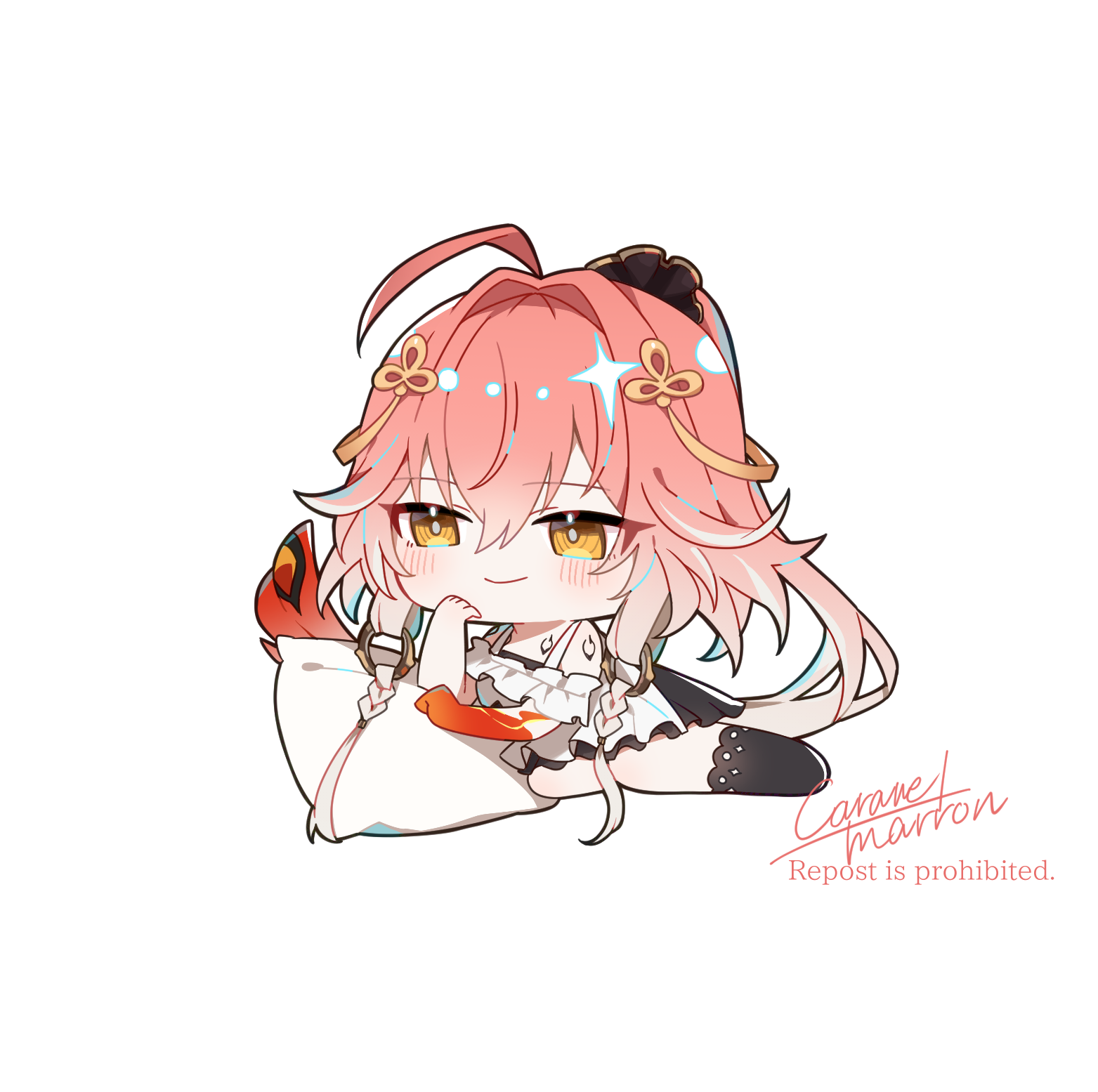caramelmarron, changli (wuthering waves), wuthering waves, highres, 1girl, ahoge, black thighhighs, body markings, chibi, chibi only, closed mouth, colored extremities, dress, feather hair, hair between eyes, hair intakes, hair ornament, hand up, long hair, looking ahead, missing commentary, multicolored hair, orange eyes, pillow, pink hair, ponytail, red hands, signature, simple background, smile, solo, thighhighs, two-tone hair, white background, white dress, white hair