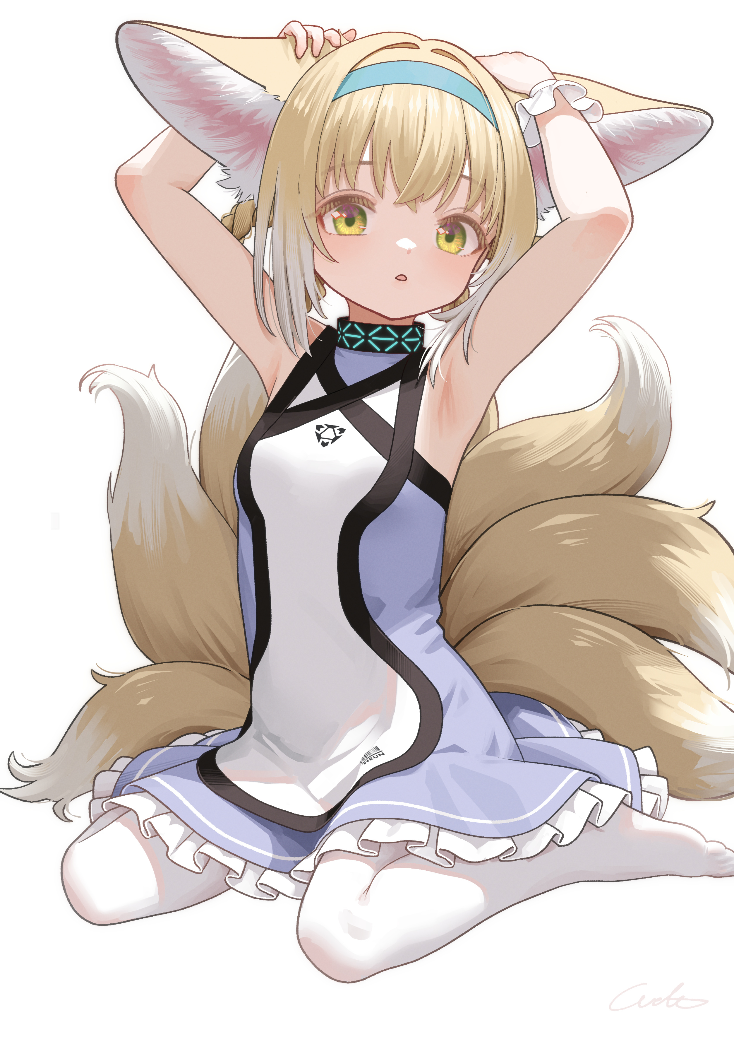 welt (kinsei koutenkyoku), infection monitor (arknights), suzuran (arknights), arknights, absurdres, commentary request, highres, 1girl, animal ears, armpits, arms up, blonde hair, blue hairband, dress, fox ears, fox girl, fox tail, hairband, looking at viewer, multiple tails, no shoes, pantyhose, simple background, sitting, solo, tail, wariza, white background, white pantyhose