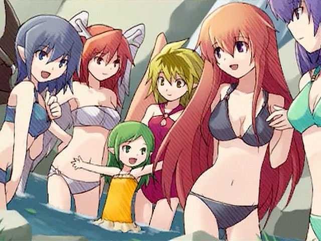 tobe sunaho, cierra (riviera), ladie (riviera), molan (riviera), rebecca (riviera), serene (riviera), soala (riviera), riviera, game cg, jpeg artifacts, 6+girls, antlers, bandeau, bikini, blonde hair, blue hair, breasts, child, cleavage, cleavage cutout, clothing cutout, dutch angle, female focus, flat chest, green hair, horns, long hair, medium breasts, multiple girls, one-piece swimsuit, pointy ears, purple hair, red hair, short hair, small breasts, standing, strapless, swimsuit, thigh gap, thighs, tube top, wading, water, wings