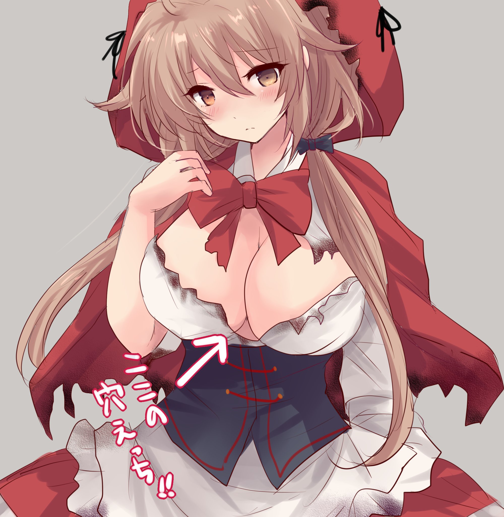 hirune (konekonelkk), little red riding hood (fairy tale character), murasame (kancolle), murasame kai ni (kancolle), kantai collection, little red riding hood (fairy tale), commentary request, highres, translation request, 1girl, apron, bow, breasts, brown eyes, brown hair, capelet, cleavage, cosplay, frilled apron, frilled skirt, frills, grey background, hair flaps, halloween costume, heterochromia, large breasts, little red riding hood (fairy tale character) (cosplay), low twintails, murasame (halloween) (kancolle), red bow, red capelet, red eyes, red hood, red skirt, shirt, simple background, skirt, solo, twintails, white apron, white shirt
