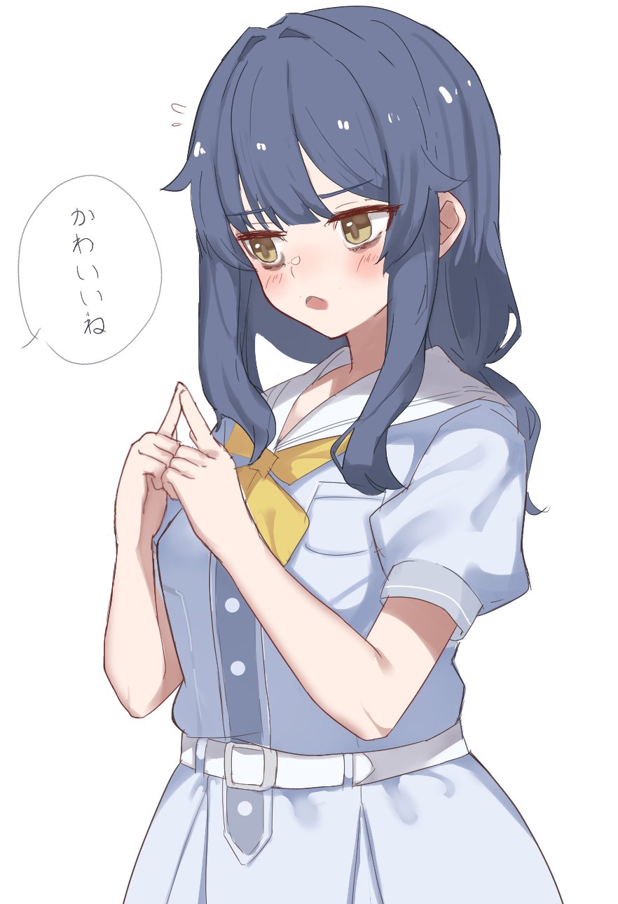 soyo1558686, link! like! love live!, love live!, commentary request, highres, translation request, 1girl, :o, anyoji hime's fellow toon paint fan, blue dress, blue hair, blush, breast pocket, brown eyes, dress, flying sweatdrops, hair intakes, hasu no sora school uniform, index fingers together, long hair, long sidelocks, low-tied long hair, neckerchief, open mouth, pocket, sailor collar, sailor dress, school uniform, sidelocks, simple background, solo, speech bubble, summer uniform, white background, white sailor collar, yellow neckerchief