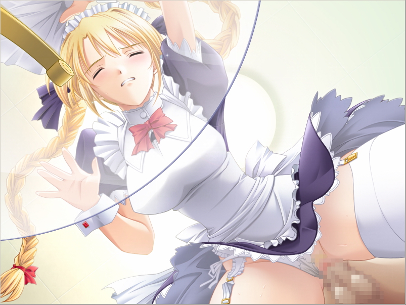 ribahara aki, akehime saki, ail soft, kyouhaku 2, game cg, 1girl, against glass, bent over, blonde hair, braid, censored, closed eyes, clothing aside, doggystyle, female pubic hair, from below, glass, glass table, green eyes, long hair, maid, mosaic censoring, panties, panties aside, penis, pubic hair, sex, sex from behind, solo focus, table, thighhighs, twin braids, twintails, underwear, vaginal, white panties, white thighhighs