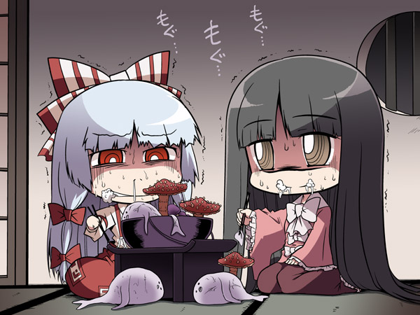 serebi ryousangata, sforce, fujiwara no mokou, houraisan kaguya, touhou, silver hair, bad id, bad pixiv id, 2girls, bad food, black hair, bowl, brown eyes, chopsticks, eating, female focus, fish, foaming at the mouth, hallucination, indian style, long hair, multiple girls, mushroom, poison, puffer fish, red eyes, ribbon, seiza, sick, sitting, snot, sweat, tatami, trembling