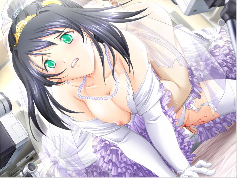 ribahara aki, akehime mayu, ail soft, kyouhaku 2, game cg, third-party edit, 1girl, all fours, bent over, black hair, blonde hair, blood, blush, breast slip, breasts, bridal veil, bride, camcorder, clothed sex, crying, crying with eyes open, defloration, detached sleeves, doggystyle, dress, earrings, elbow gloves, gloves, green eyes, jewelry, large breasts, necklace, nipple slip, nipples, one breast out, pearl necklace, sex, sex from behind, solo focus, tears, thighhighs, vaginal, veil, video camera, wedding dress