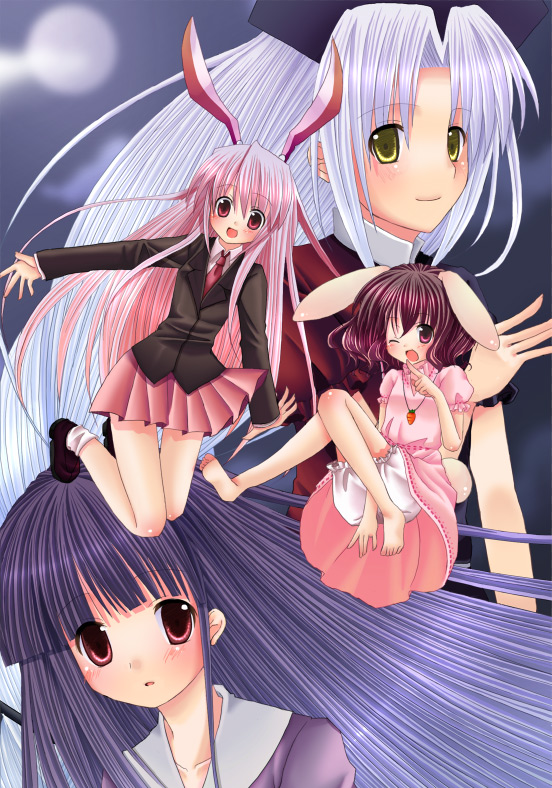 mocha (monbana), mocha (pixiv), houraisan kaguya, inaba tewi, reisen udongein inaba, yagokoro eirin, touhou, bad id, bad pixiv id, 4girls, animal ears, female focus, long hair, multiple girls, rabbit ears, short hair