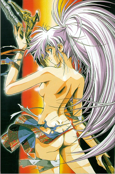 urushihara satoshi, lemnear, legend of lemnear, 1990s (style), 1girl, ass, bandages, female focus, long hair, nude, polearm, retro artstyle, solo, torn clothes, weapon