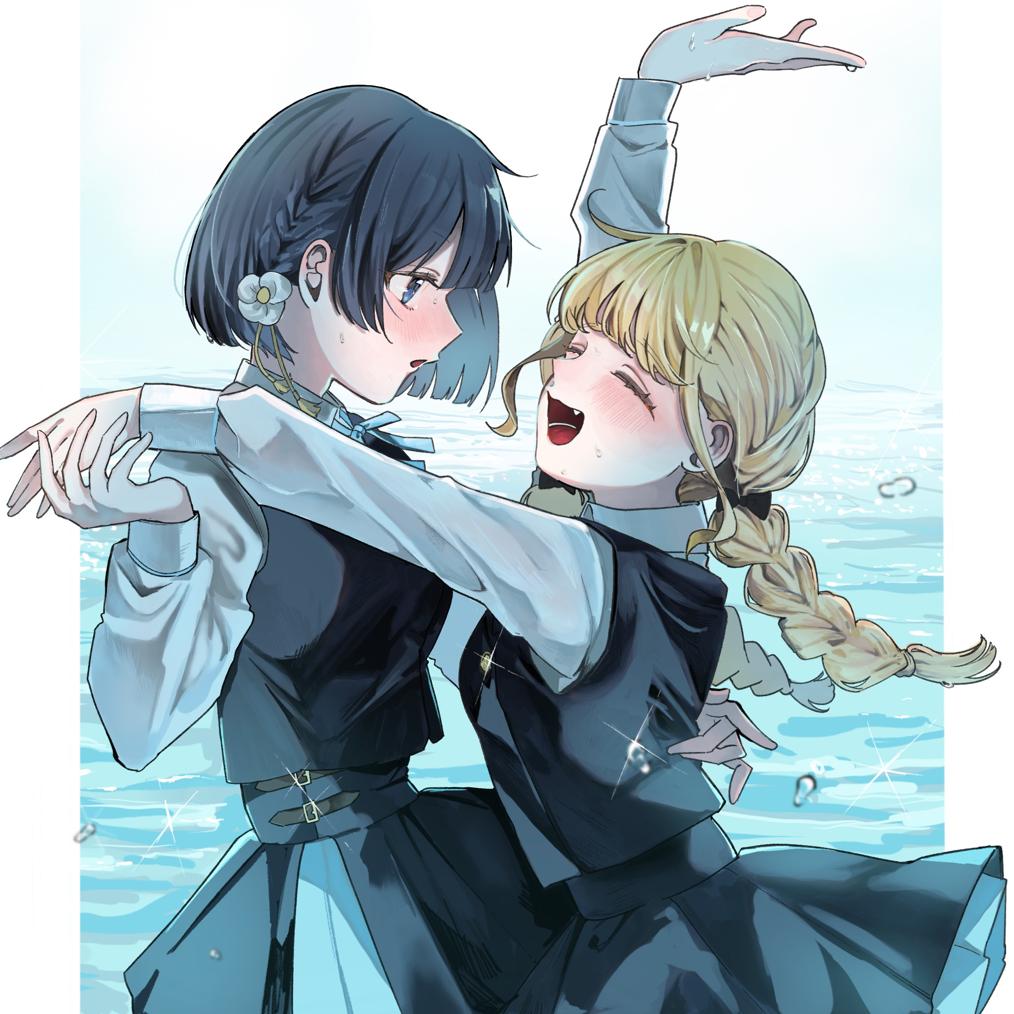 fujita kotone, hataya misuzu, gakuen idolmaster, idolmaster, commentary request, highres, 2girls, ^ ^, black hair, black overskirt, black vest, blonde hair, blue ribbon, blue skirt, blunt ends, blush, braid, closed eyes, dancing, dress shirt, fang, hatsuboshi gakuen school uniform, hokkairo (nwpt4752), long hair, long sleeves, multiple girls, neck ribbon, profile, ribbon, school uniform, shirt, short hair, skirt, skirt set, smile, twin braids, vest, white shirt, yuri