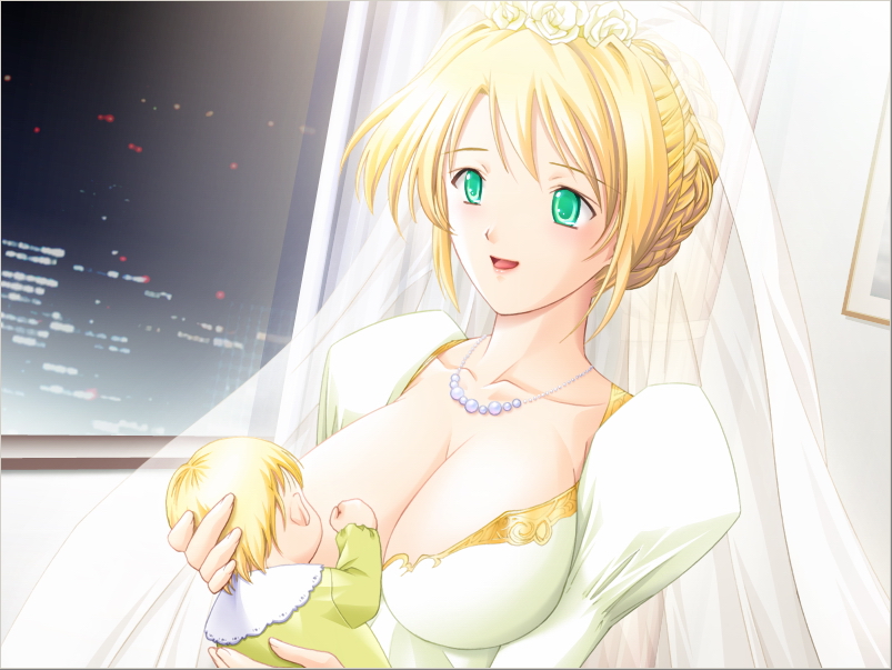 ribahara aki, akehime saki, sasayama, ail soft, kyouhaku 2, game cg, 1girl, age difference, baby, blonde hair, blush, breast slip, breastfeeding, breasts, bridal veil, bride, cityscape, cleavage, dress, female focus, green eyes, hair up, happy, huge breasts, jewelry, lactation, large breasts, necklace, one breast out, smile, solo, veil, wedding dress, window