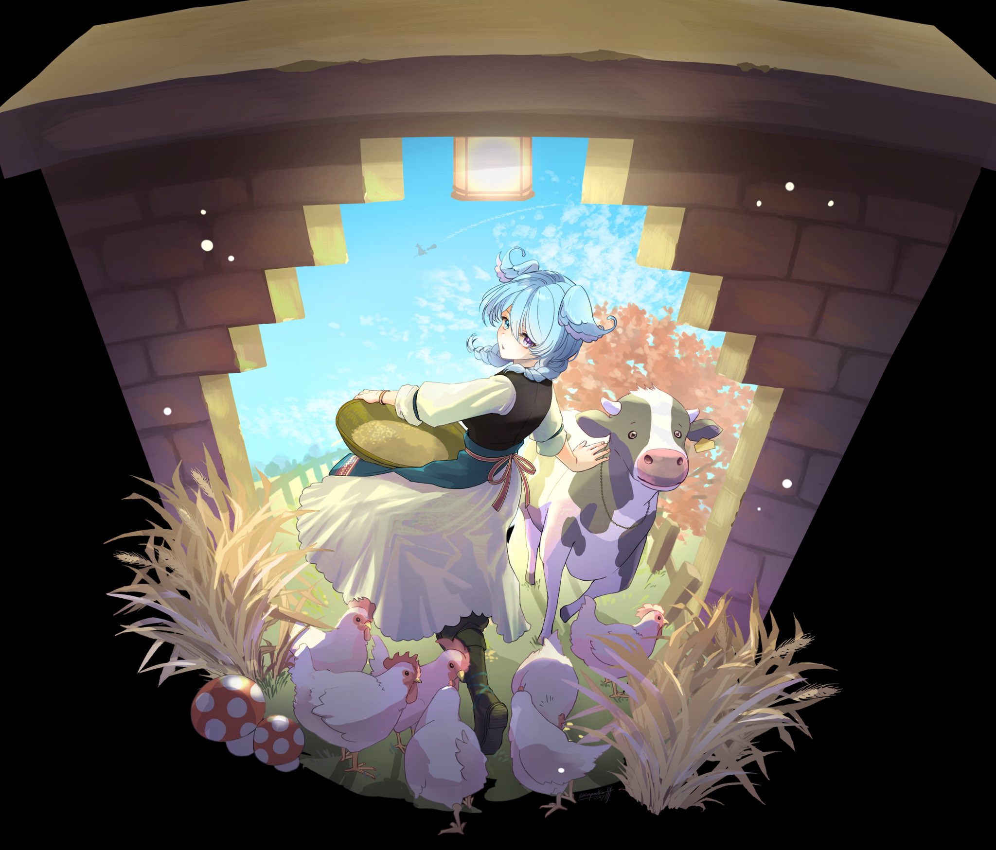 elira pendora, nijisanji, nijisanji en, highres, 2girls, aqua eyes, bird, blue hair, blue sky, blush, braid, broom, broom riding, chicken, contrail, cow, from behind, hair between eyes, head wings, heterochromia, looking at viewer, looking back, low twin braids, multiple girls, mushroom, parted lips, purple eyes, sinyanokio fff, sky, solo focus, through wall, tree, twin braids, virtual youtuber, wings, witch