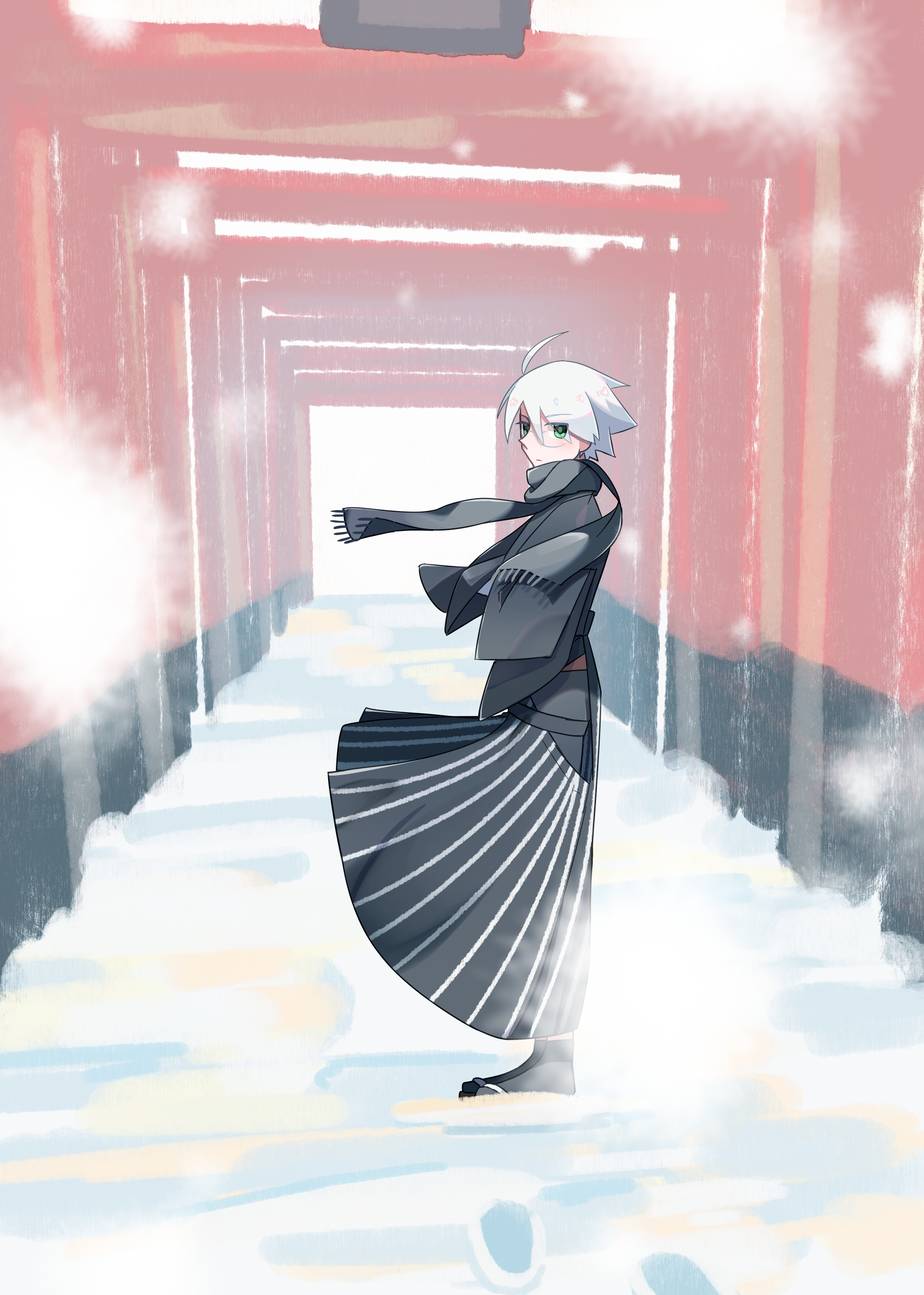 tomato ebichiri, itoshiki nozomu, sayonara zetsubou sensei, absurdres, commentary request, highres, 1boy, ahoge, black hakama, black scarf, black socks, footprints, from side, full body, geta, green eyes, hakama, japanese clothes, looking at viewer, male focus, multiple torii, official alternate color, outdoors, scarf, snow, snowing, socks, solo, torii, white hair