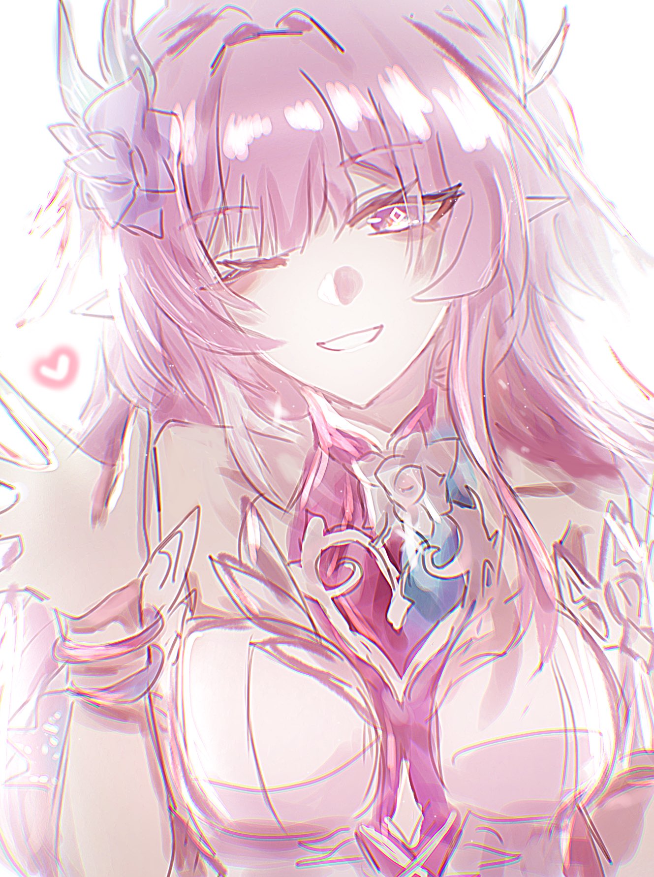 cyrene (honkai: star rail), cyrene (ripples of past reverie) (honkai: star rail), honkai: star rail, honkai (series), commentary, highres, 1girl, ;), adobo35893, bare shoulders, breasts, dark elf, diamond-shaped pupils, diamond (shape), dress, elf, flower, hair flower, hair ornament, heart, large breasts, long hair, looking at viewer, one eye closed, pink hair, pointy ears, purple eyes, simple background, smile, solo, symbol-shaped pupils, upper body, very long hair, white background, white dress