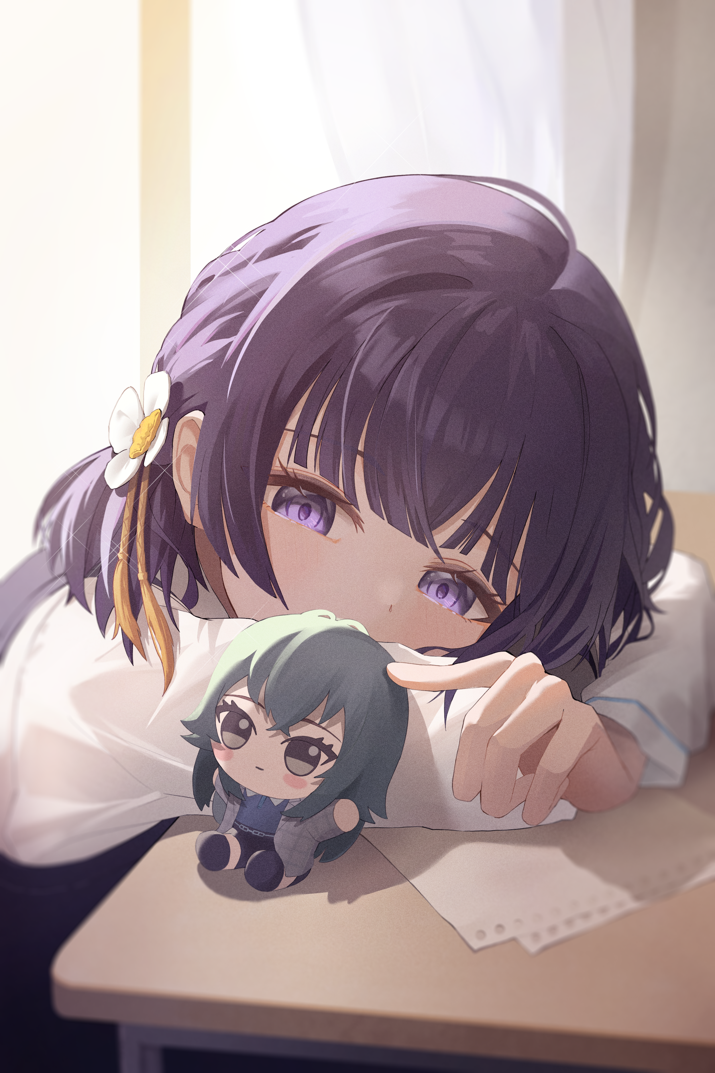 maka sill, hataya misuzu, tsukimura temari, gakuen idolmaster, idolmaster, absurdres, commentary, highres, 1girl, arm pillow, black vest, character doll, chibigurumi, doll, hatsuboshi gakuen school uniform, indoors, looking at doll, purple eyes, purple hair, school uniform, shirt, solo, vest, white shirt