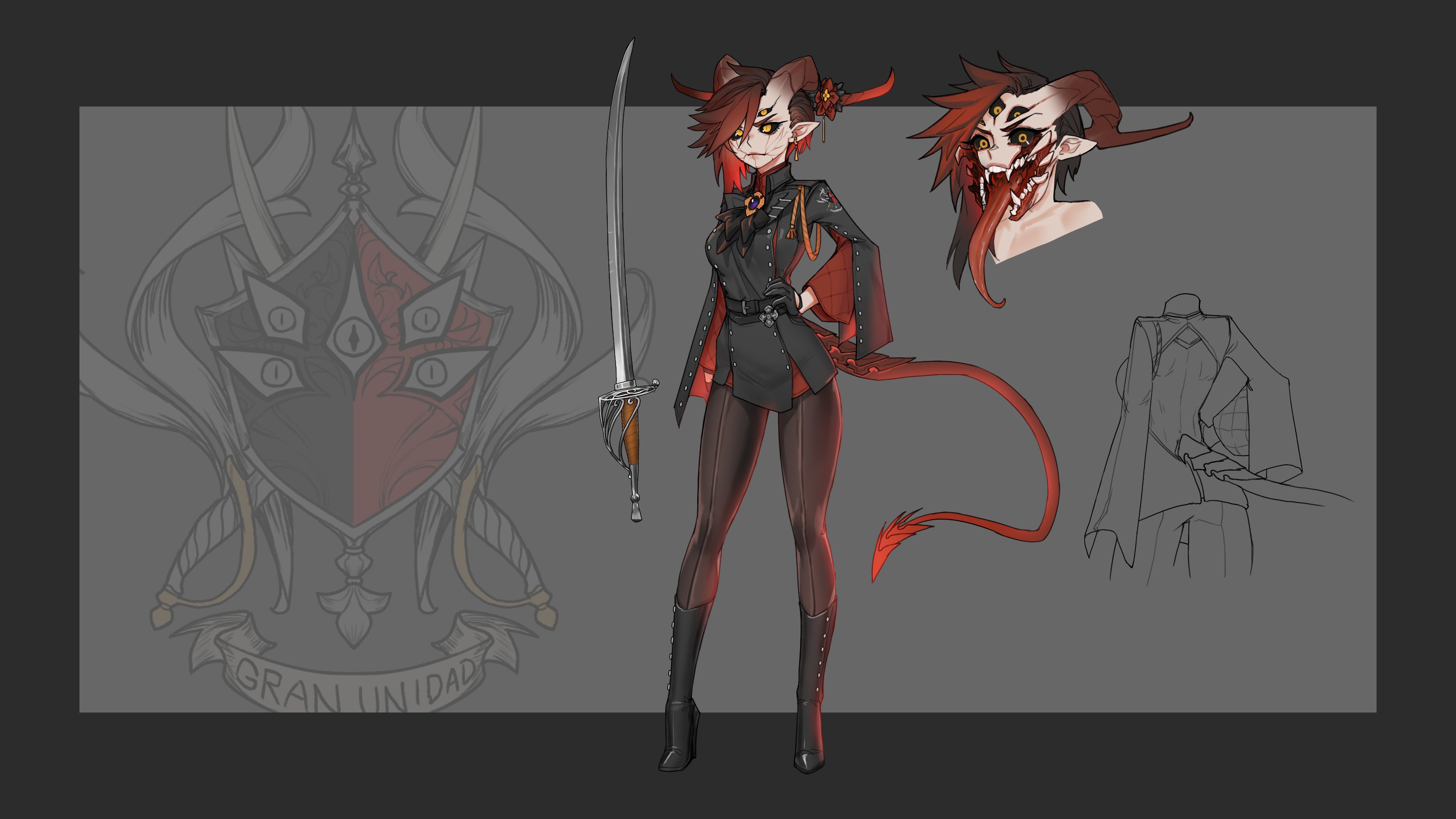 less, original, absurdres, highres, 1girl, belt, black belt, black boots, black bow, black gloves, black hair, black jacket, black sclera, boots, bow, brown hair, brown pants, colored sclera, colored skin, demon girl, demon horns, demon tail, extra eyes, full body, gloves, hand on own hip, horns, jacket, long tongue, pants, pointy ears, red skin, sharp teeth, smile, standing, tail, teeth, tongue, tongue out