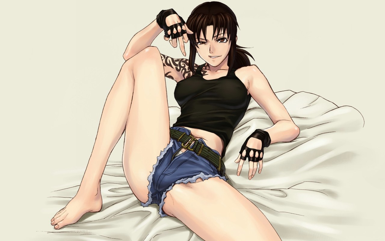 azasuke, revy (black lagoon), black lagoon, 00s, arm support, belt, brown eyes, brown hair, denim, denim shorts, fingerless gloves, gloves, grin, leaning back, leg lift, long hair, looking at viewer, middle finger, midriff, open fly, panties, short shorts, shorts, sitting, smile, spread legs, tank top, tattoo, unbuttoned, underwear, unzipped