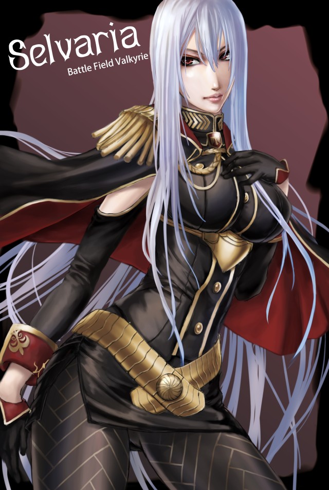 ain, ain (artist), selvaria bles, senjou no valkyria, senjou no valkyria (series), senjou no valkyria 1, 00s, 1girl, aiguillette, belt, breasts, cape, character name, dress, female focus, gloves, hand on own chest, large breasts, long hair, military, military uniform, miniskirt, pantyhose, red eyes, short dress, side slit, skirt, solo, thighhighs, very long hair, white hair