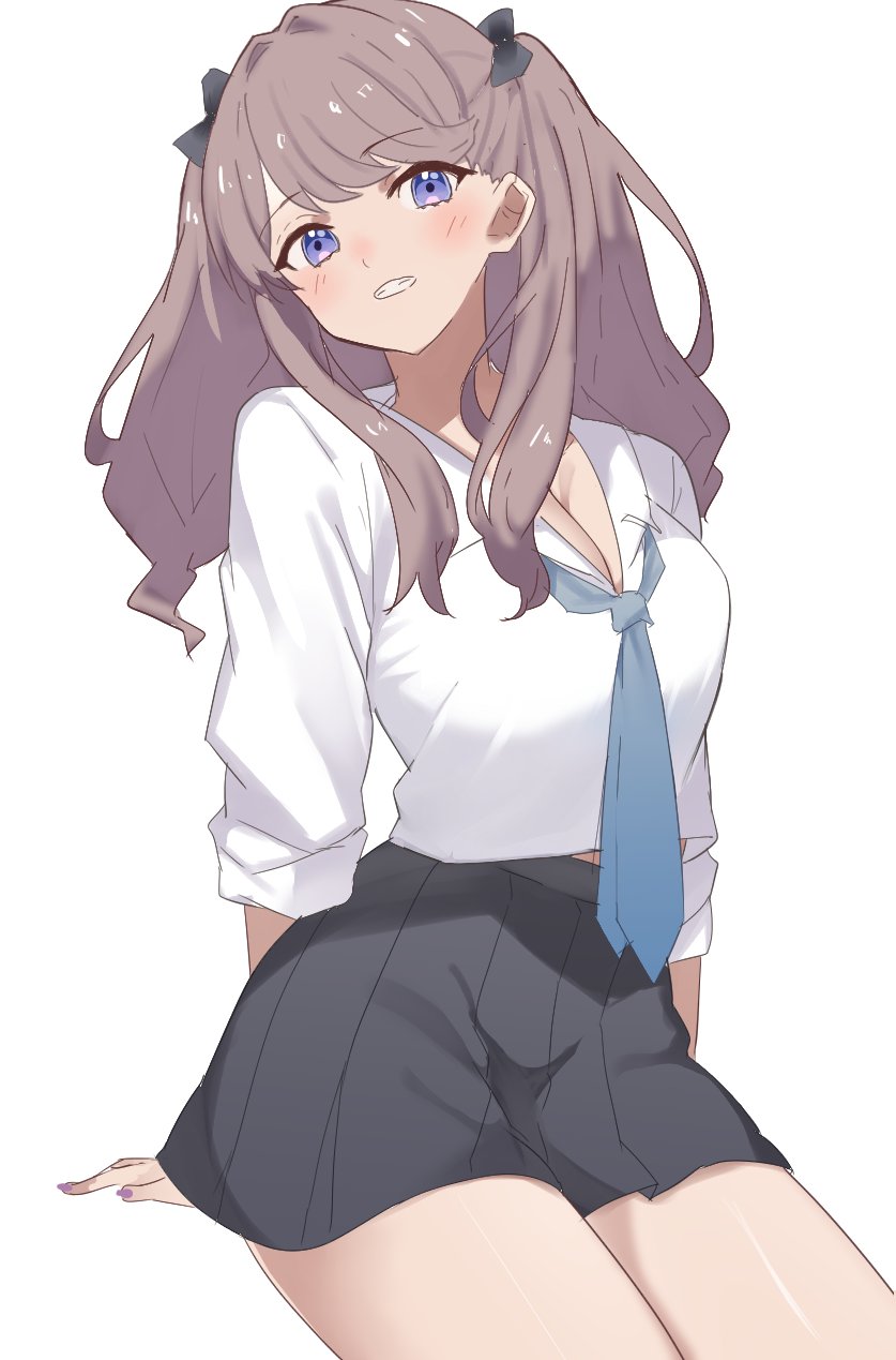 soyo1558686, fujishima megumi, link! like! love live!, love live!, commentary request, highres, 1girl, alternate costume, black bow, black skirt, blue necktie, bow, breasts, brown hair, cleavage, collared shirt, cowboy shot, grin, hair bow, invisible chair, large breasts, long hair, loose necktie, midriff peek, miniskirt, necktie, pleated skirt, purple eyes, shirt, simple background, sitting, skirt, smile, solo, two side up, virtual youtuber, white background, white shirt