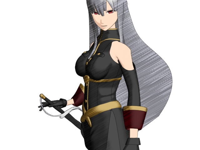 yosshi, selvaria bles, senjou no valkyria, senjou no valkyria (series), senjou no valkyria 1, silver hair, 00s, detached sleeves, gloves, long hair, military, military uniform, pantyhose, red eyes, solo, sword, weapon, white background