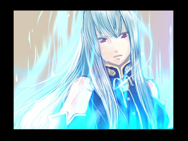 mino haru, minoharu, selvaria bles, senjou no valkyria, senjou no valkyria (series), senjou no valkyria 1, silver hair, bad id, bad pixiv id, 00s, 1girl, aura, bare shoulders, border, female focus, glowing, long hair, red eyes, solo, tears, upper body