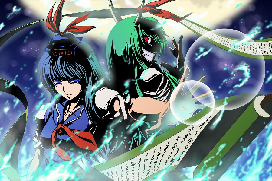 chiro (pixiv), chiro (suzuka98), ex-keine, kamishirasawa keine, touhou, 2girls, ascot, aura, backlighting, blue dress, blue eyes, blue fire, bow, breasts, crazy smile, dress, dual persona, energy, fangs, female focus, fingernails, fire, full moon, green dress, hand up, hat, horn bow, horn ornament, horns, lens flare, long hair, looking at viewer, looking back, moon, moonlight, multiple girls, night, night sky, outdoors, outstretched arm, outstretched hand, red eyes, scroll, serious, shaded face, sharp fingernails, sky, smile