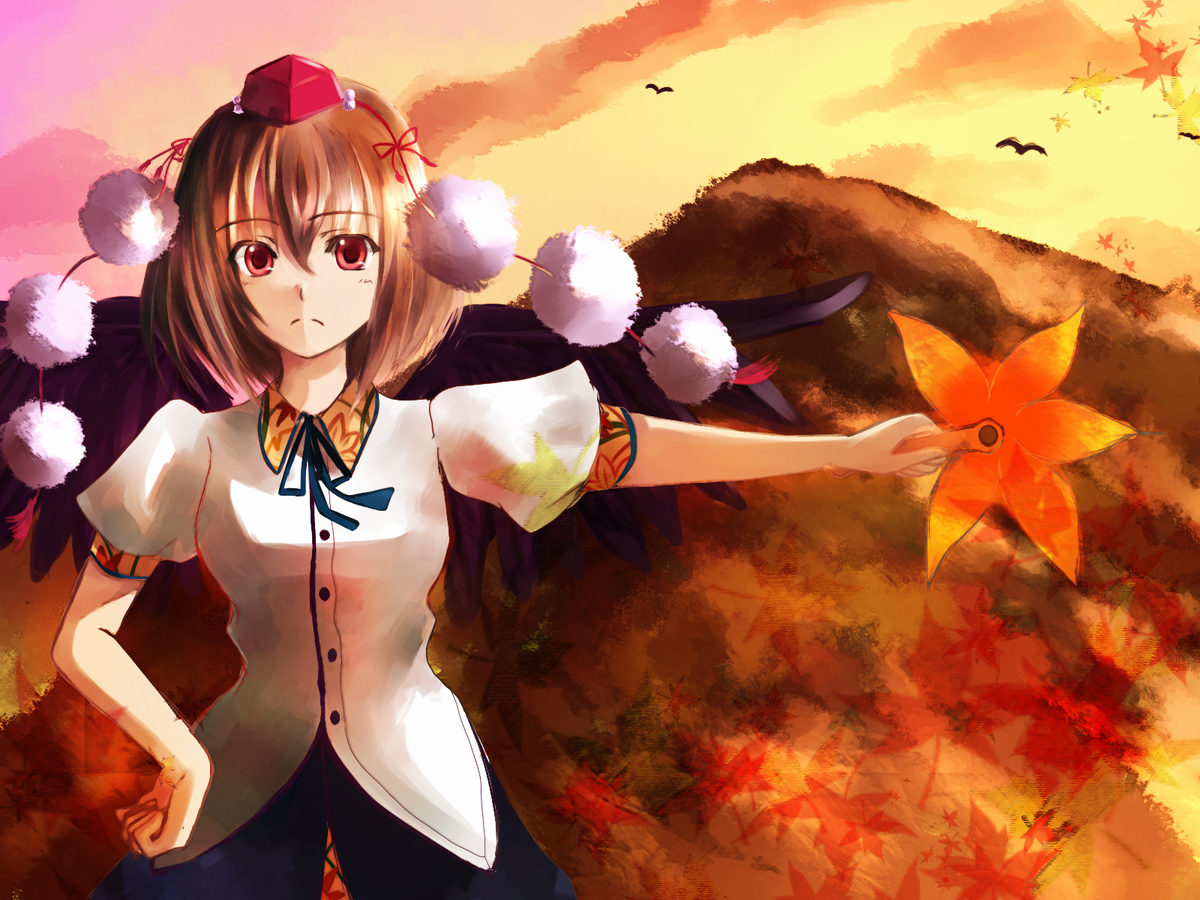 foro (planet cage), o kawa, shameimaru aya, touhou, bad id, bad pixiv id, 1girl, black wings, female focus, frown, hand fan, hat, looking at viewer, red eyes, ribbon, short hair, solo, wings