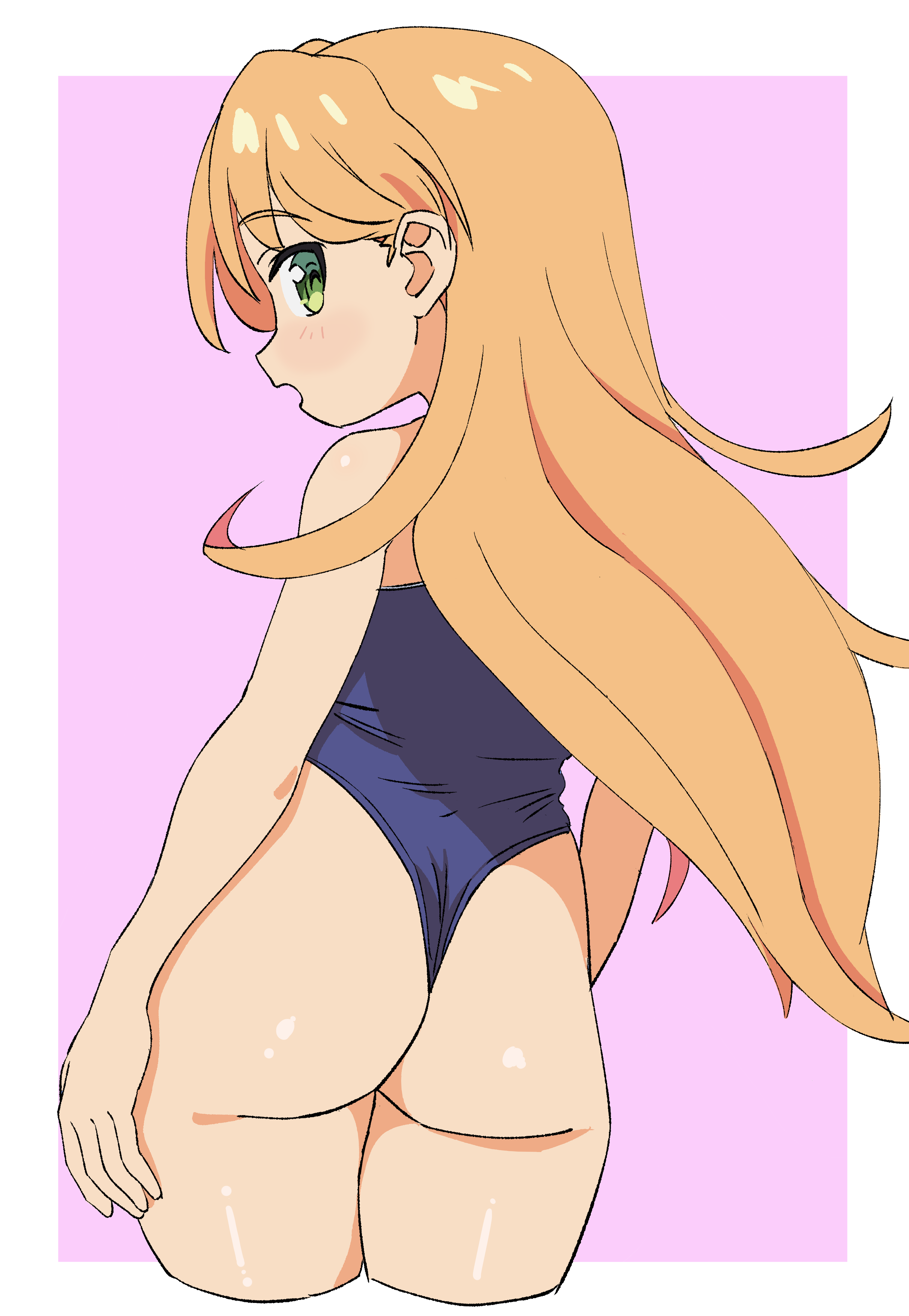 rasukofu, tanigawa ruri, ruri no houseki, absurdres, highres, 1girl, ass, blonde hair, blue one-piece swimsuit, green eyes, highleg, highleg one-piece swimsuit, long hair, looking at viewer, looking back, one-piece swimsuit, open mouth, swimsuit, thick thighs, thighs, wide hips