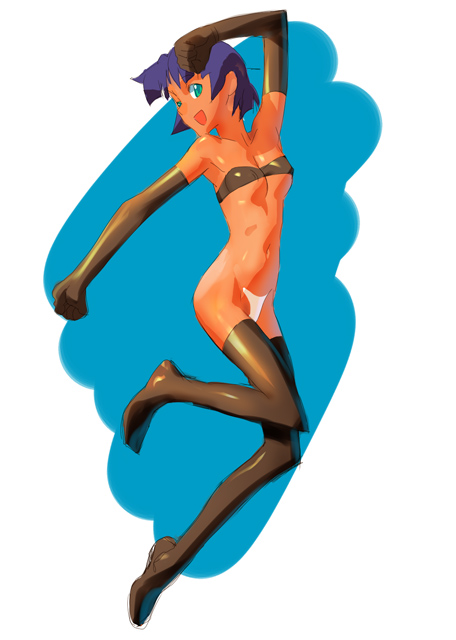 nadia la arwall, fushigi no umi no nadia, 1990s (style), 1girl, bandeau, bandeau bikini, dark-skinned female, dark skin, elbow gloves, female focus, gloves, green eyes, jumping, long legs, maebari, purple hair, retro artstyle, short hair, skinny, solo, strapless, thighhighs, tube top