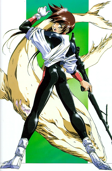 urushihara satoshi, tita mu koshigaya, plastic little, 1990s (style), 1girl, ass, bodysuit, bodysuit under clothes, creature, female focus, gun, latex, latex suit, looking back, retro artstyle, shiny clothes, skin tight, solo, tight clothes, weapon