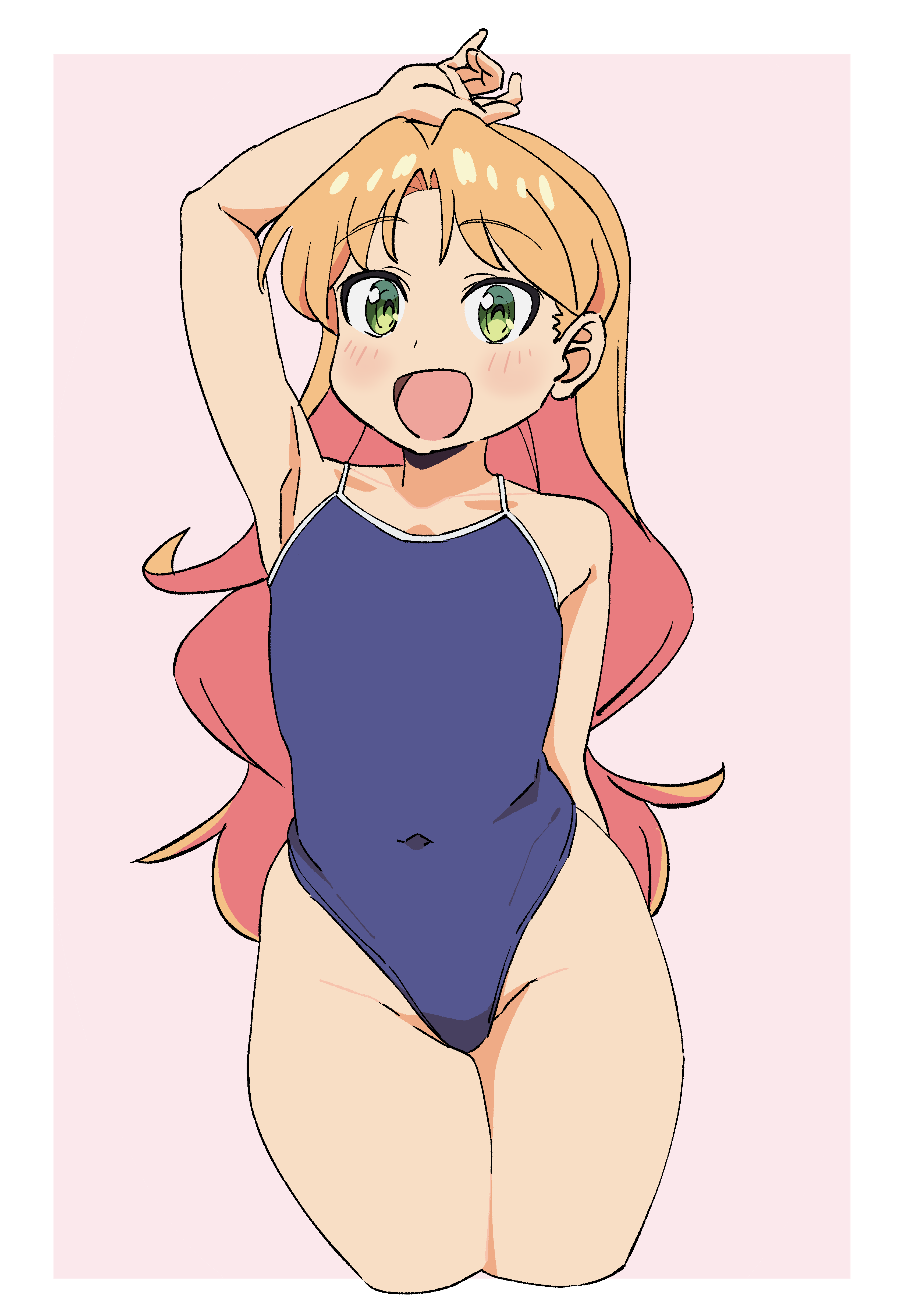 rasukofu, tanigawa ruri, ruri no houseki, absurdres, highres, 1girl, arm up, armpits, blonde hair, blue one-piece swimsuit, blush, covered navel, flat chest, green eyes, groin, highleg, highleg one-piece swimsuit, long hair, one-piece swimsuit, open mouth, smile, swimsuit, thick thighs, thighs, wide hips