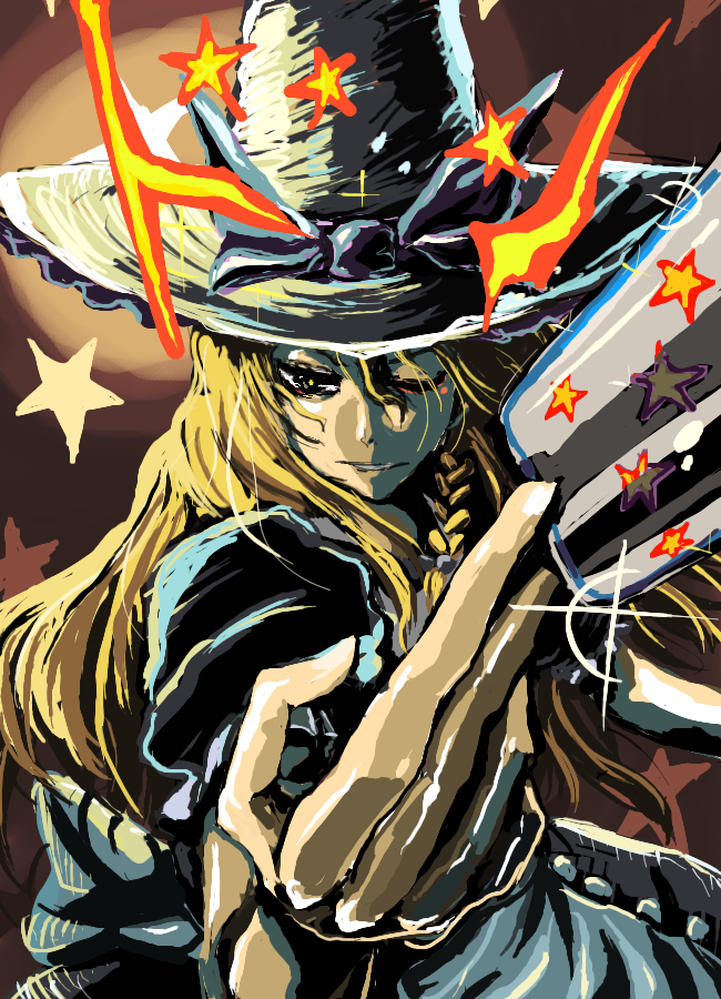 kabutoyama, kirisame marisa, touhou, 1girl, blonde hair, female focus, hat, long hair, solo, star (symbol), wink, witch, witch hat