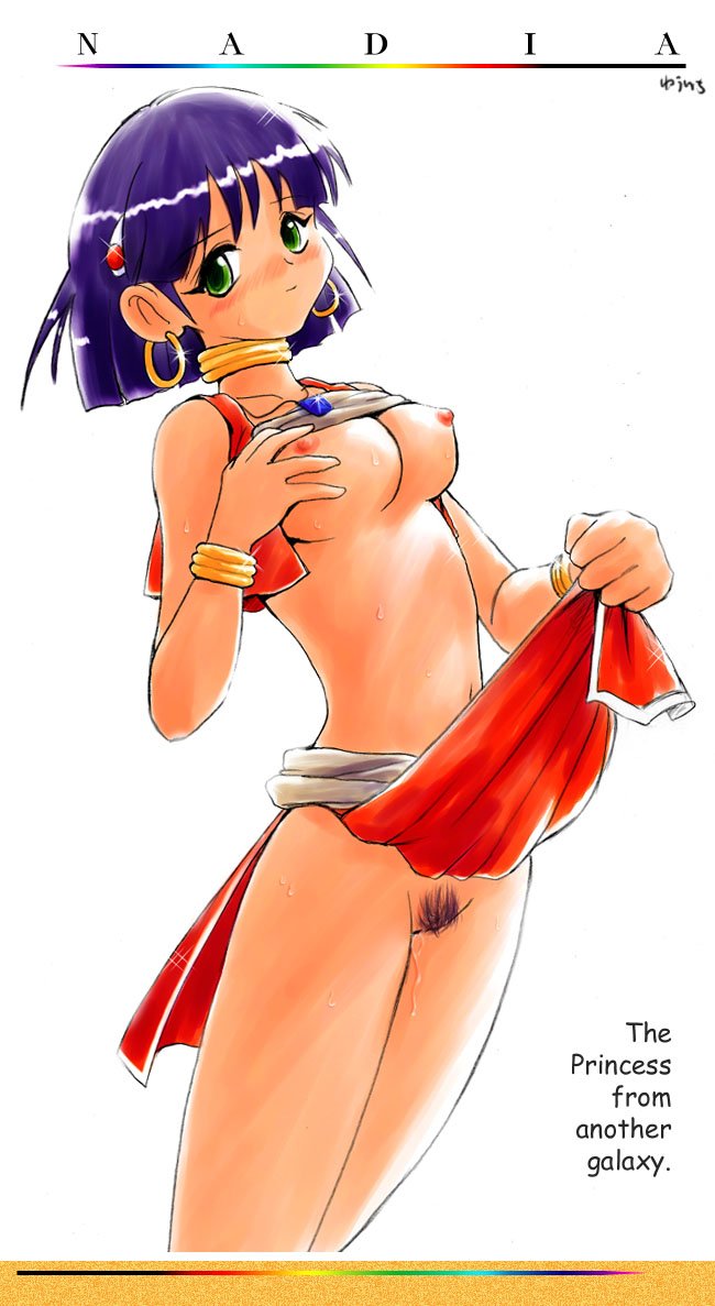 yuuichi (tareme paradise), nadia la arwall, fushigi no umi no nadia, 1990s (style), 1girl, bandeau, bracelet, breasts, clothes lift, dark-skinned female, dark skin, earrings, female focus, female pubic hair, green eyes, jewelry, large breasts, loincloth, neck ring, necklace, nipples, no panties, pubic hair, purple hair, pussy juice, retro artstyle, shirt lift, short hair, skirt, skirt lift, solo, strapless, sweat, tube top, tube top lift, uncensored, undressing, vest, yuuiro