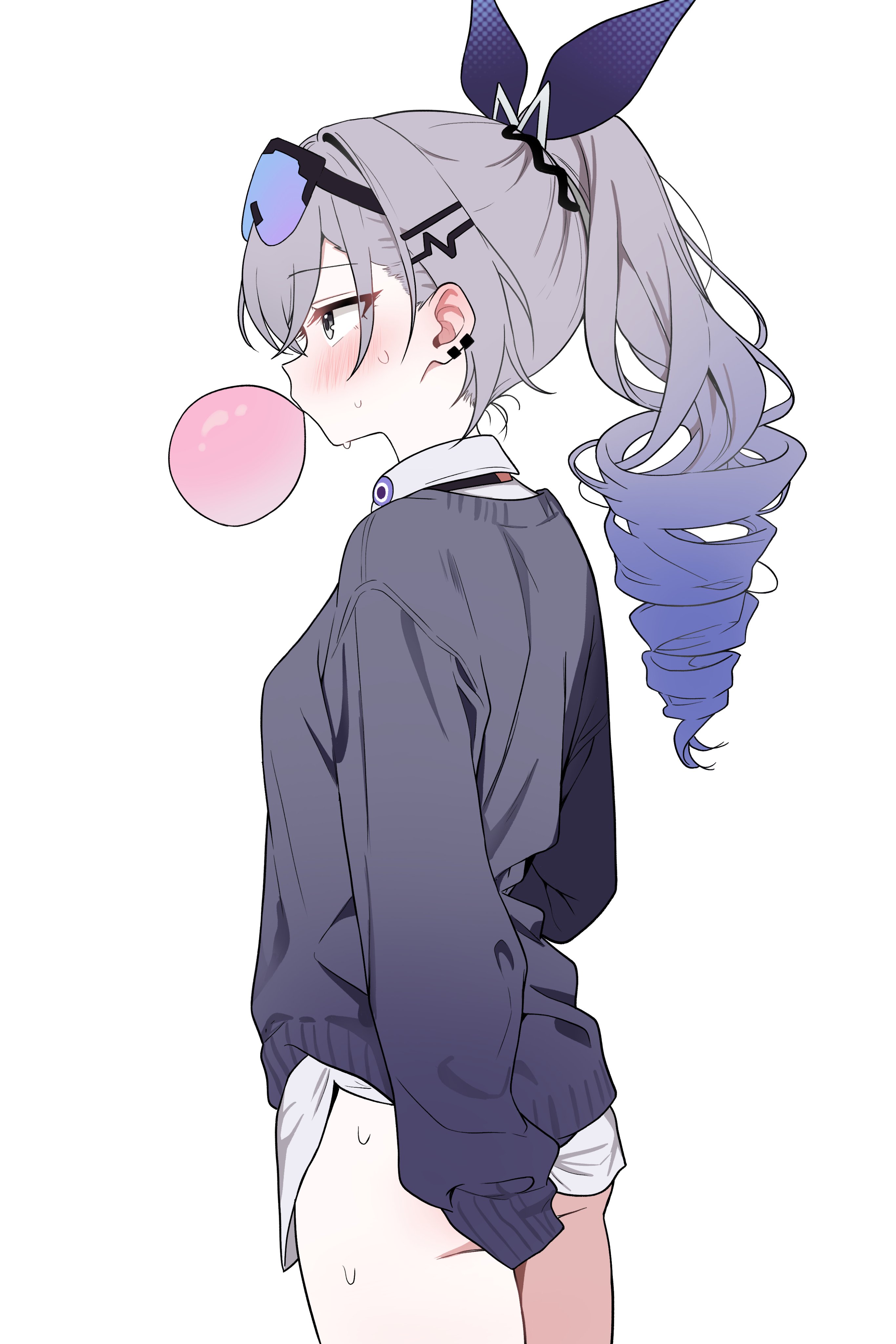 saho 4545, silver wolf (honkai: star rail), honkai: star rail, honkai (series), absurdres, highres, 1girl, blowing bubble gum, blue hair, breasts, chewing gum, cowboy shot, drill hair, earrings, from side, goggles, goggles on head, gradient hair, grey eyes, grey hair, grey sweater, hair ribbon, jewelry, long hair, long sleeves, looking ahead, miniskirt, multicolored hair, ponytail, ribbon, simple background, skirt, sleeves past fingers, sleeves past wrists, small breasts, solo, sweat, sweater, white background, white skirt, wing collar