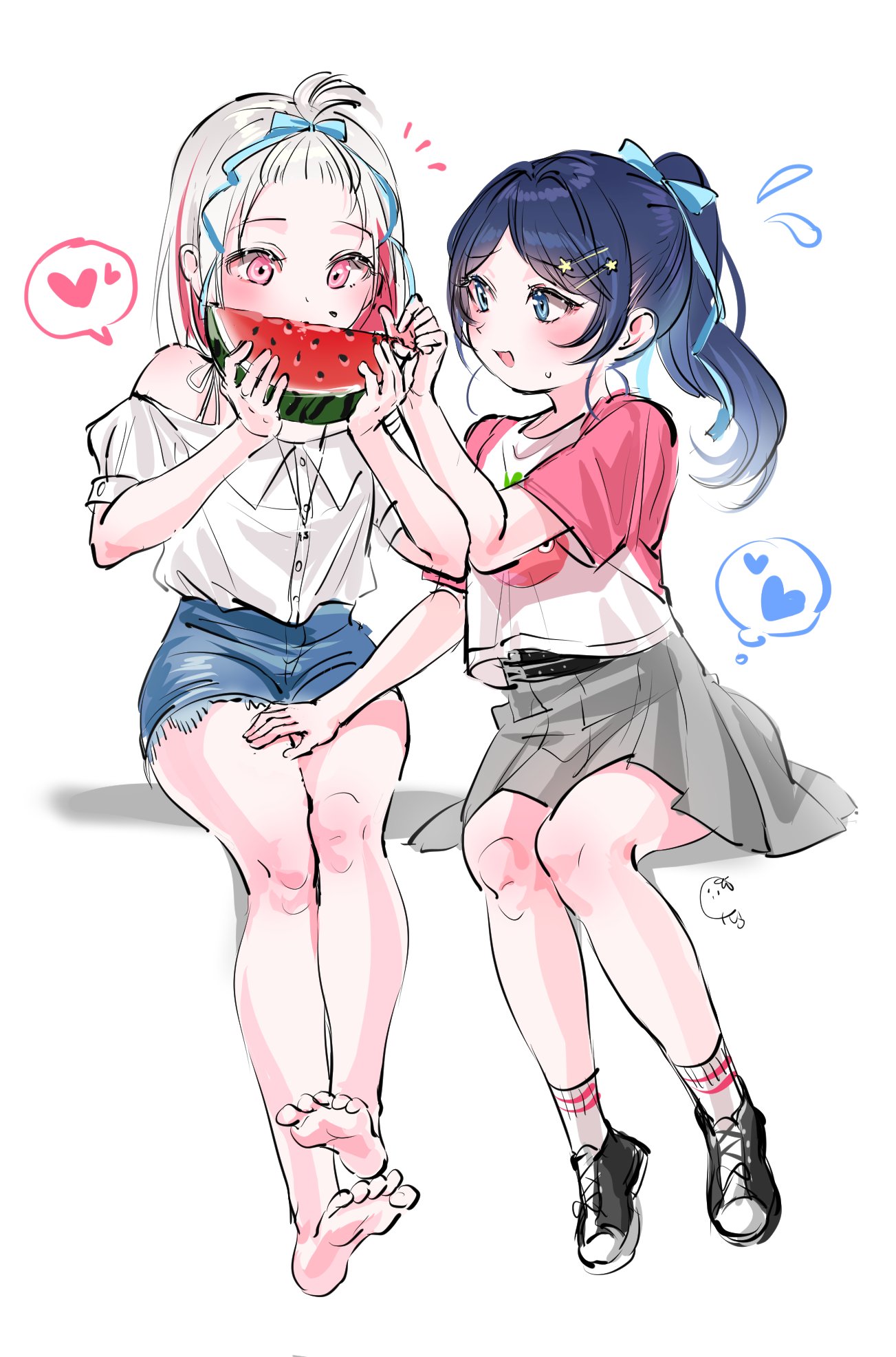 murano sayaka, yugiri tsuzuri, link! like! love live!, love live!, artist request, commentary request, commission, highres, second-party source, 2girls, :d, alternate costume, bangs pinned back, bare shoulders, barefoot, black shoes, blue eyes, blue hair, blue ribbon, blue shorts, colored inner hair, colored speech bubble, eating, flying sweatdrops, food, fruit, grey skirt, hair ribbon, hand on another's thigh, heart, high ponytail, holding, holding food, holding fruit, holding watermelon, long hair, miniskirt, multicolored hair, multiple girls, notice lines, off-shoulder shirt, off shoulder, open mouth, pink eyes, pink sleeves, pleated skirt, ponytail, raglan sleeves, red hair, ribbon, shirt, shoes, short shorts, shorts, simple background, sitting, skirt, smile, socks, speech bubble, spoken heart, streaked hair, sweatdrop, thought bubble, toes, virtual youtuber, watermelon, watermelon slice, white background, white hair, white shirt, white socks