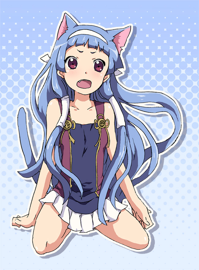 maruki (punchiki), nagi, kannagi, bad id, bad pixiv id, 00s, 1girl, animal ears, blue hair, blunt bangs, cat ears, cat tail, fang, female focus, flat chest, hair tubes, hairband, kneeling, long hair, pleated skirt, skirt, solo, tail, white skirt