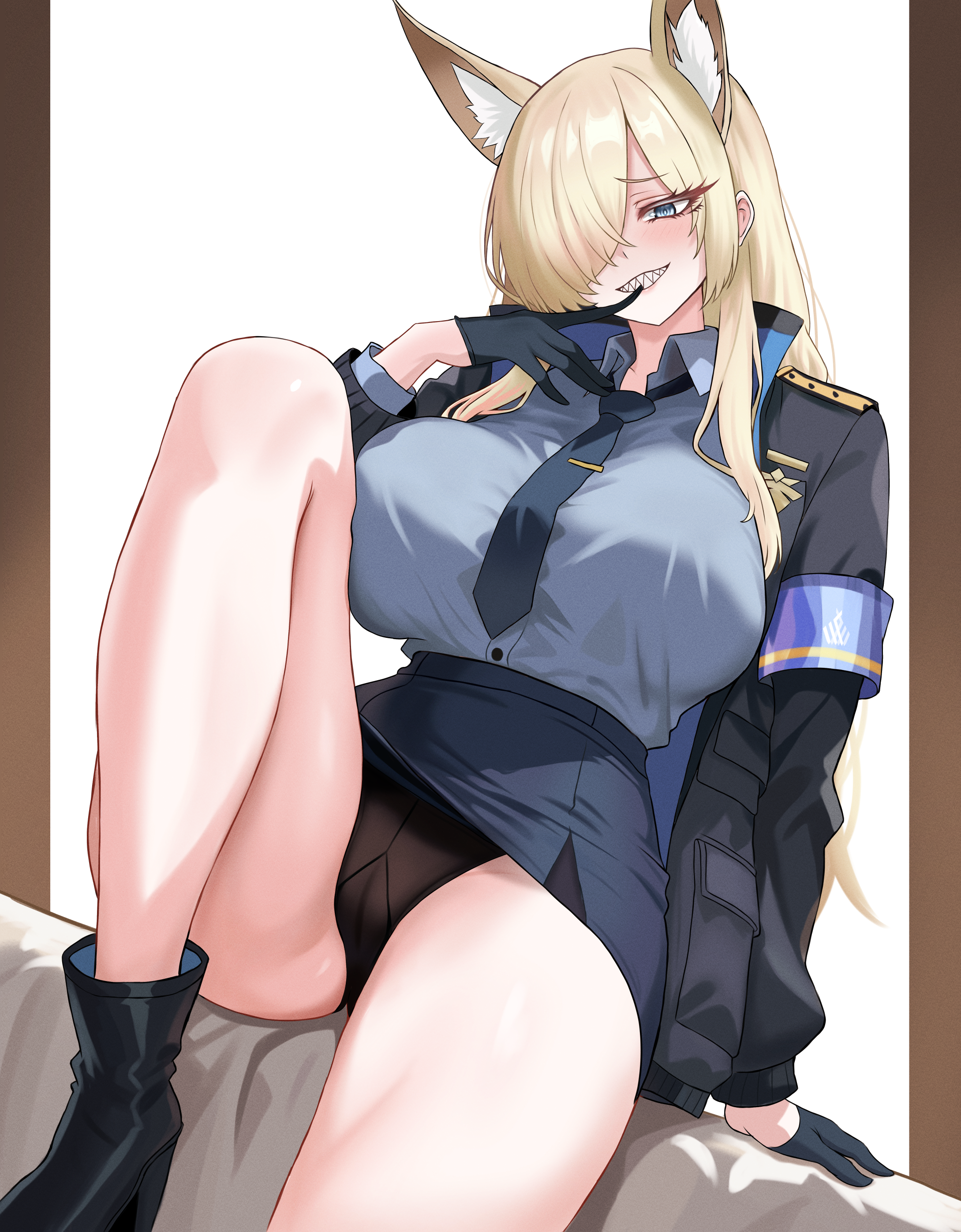 lansulynn, kanna (blue archive), blue archive, absurdres, highres, paid reward available, 1girl, animal ear fluff, animal ears, ankle boots, black boots, black gloves, black jacket, black necktie, black panties, black skirt, blonde hair, blue eyes, blush, boots, breasts, collared shirt, gloves, hair over one eye, half gloves, hand up, jacket, large breasts, long hair, long sleeves, necktie, one eye covered, open clothes, open jacket, panties, shirt, shirt tucked in, sitting, skirt, smile, solo, teeth, thighs, underwear