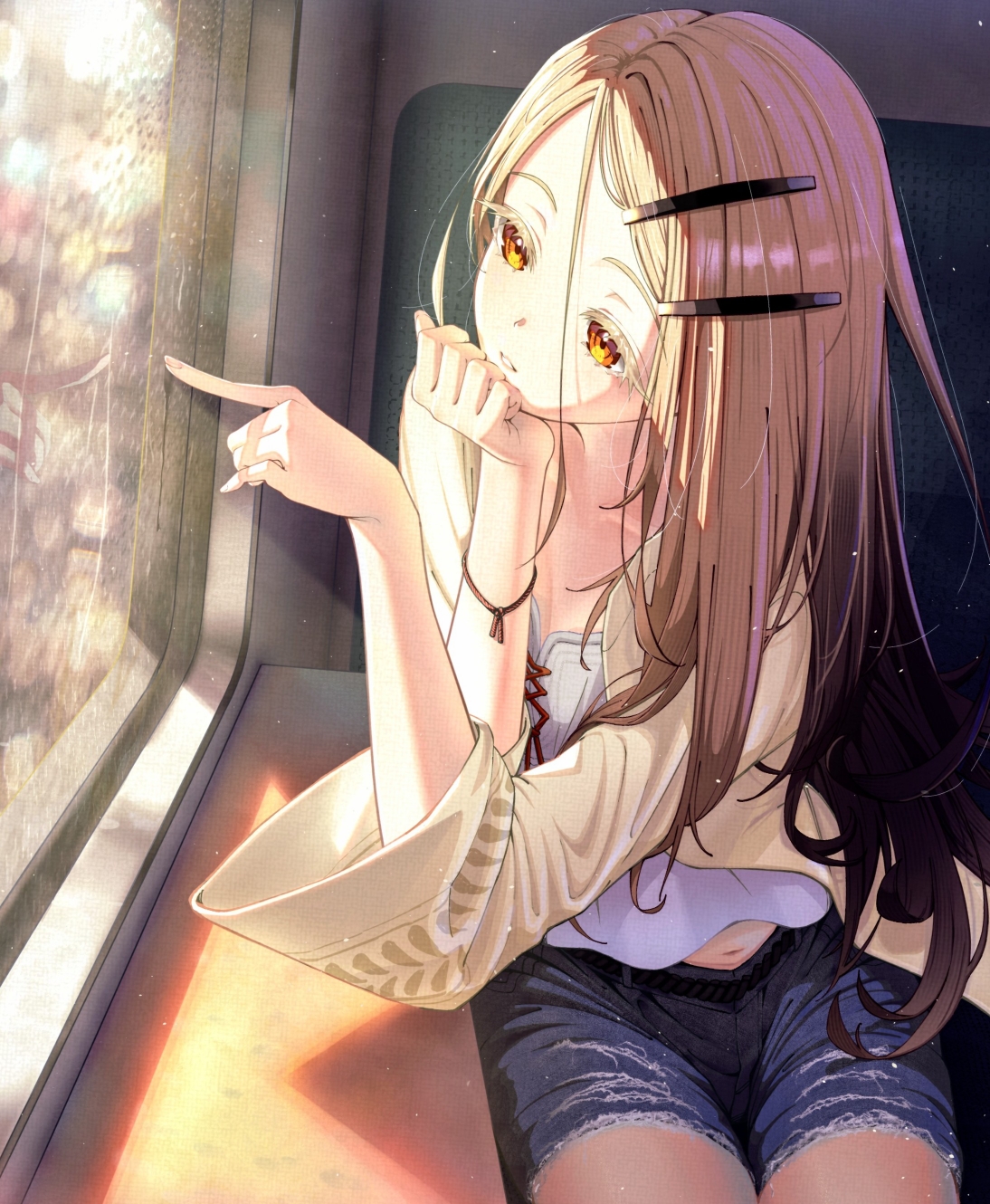 shinosawa hiro, gakuen idolmaster, idolmaster, commentary request, highres, 1girl, blonde hair, blush, camisole, collarbone, colored eyelashes, denim, denim shorts, finger writing, gradient hair, grey hair, long hair, looking to the side, multicolored hair, navel peek, orange eyes, robe, sato inryo, short shorts, shorts, sitting, solo, thighs, white camisole, yellow robe