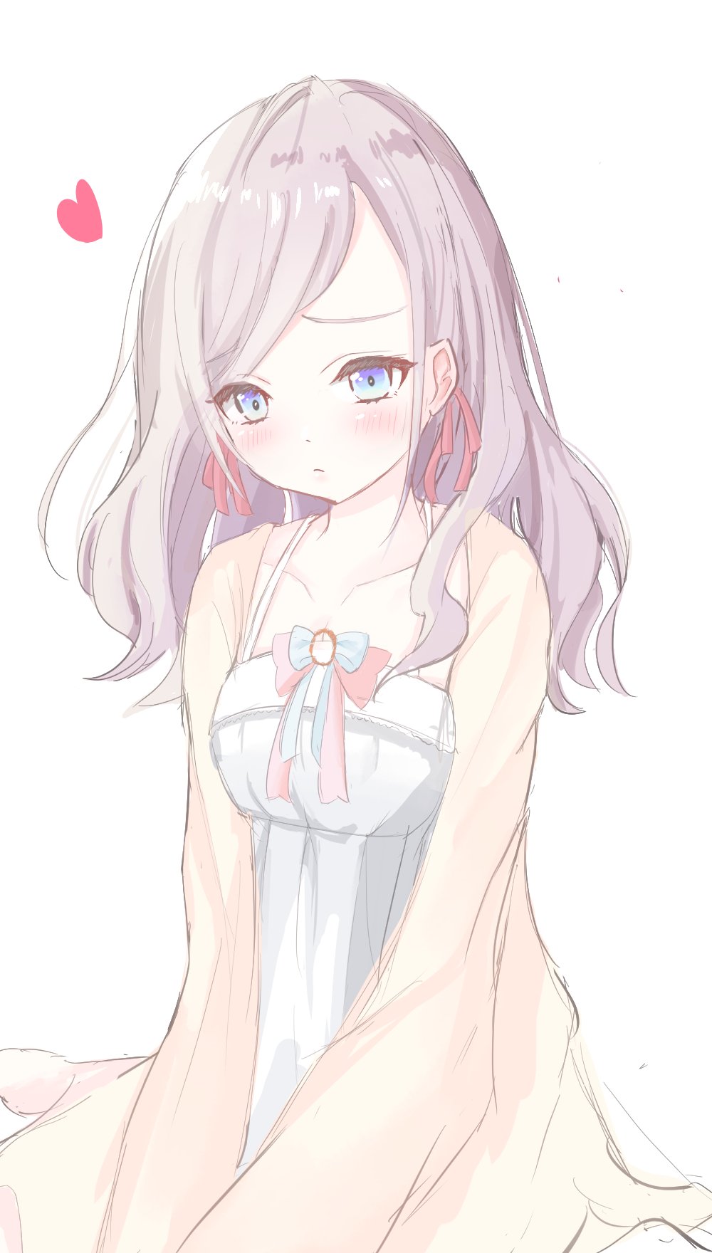 bairasu 02, ceras yanagida lilienfeld, ceras yanagida lilienfeld (summer loungewear), link! like! love live!, love live!, commentary, highres, 1girl, blue eyes, blush, coat, dress, frown, grey hair, hair ribbon, heart, long hair, long sleeves, looking at viewer, official alternate costume, open clothes, open coat, pink ribbon, raised inner eyebrows, ribbon, sitting, sleeveless, sleeveless dress, solo, virtual youtuber, wariza, white dress, yellow coat