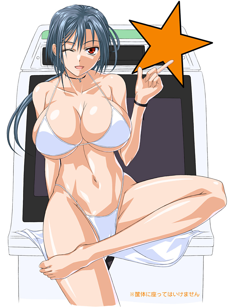 hiviki n'alchemy, original, md5 mismatch, 1girl, arcade, arcade cabinet, arcade machine, barefoot, bikini, blue hair, breasts, female focus, highleg, highleg bikini, huge breasts, long hair, one eye closed, ponytail, red eyes, solo, star (symbol), swimsuit, underboob, white bikini, wink